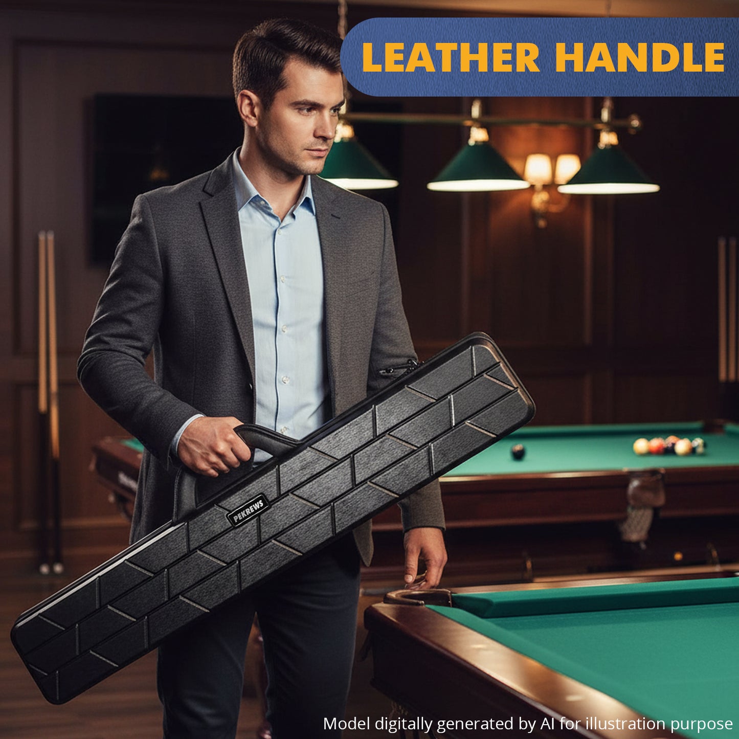PEKREWS Pool Cue Case, 4x4 Hard Shell Pool Stick Case Holds 4 Sticks | Heavy-Duty, 10 Padded Slots Cue Stick Bag, Shoulder Strap and Leather Handle, Travel Billiard Cue Box for Men and Women
