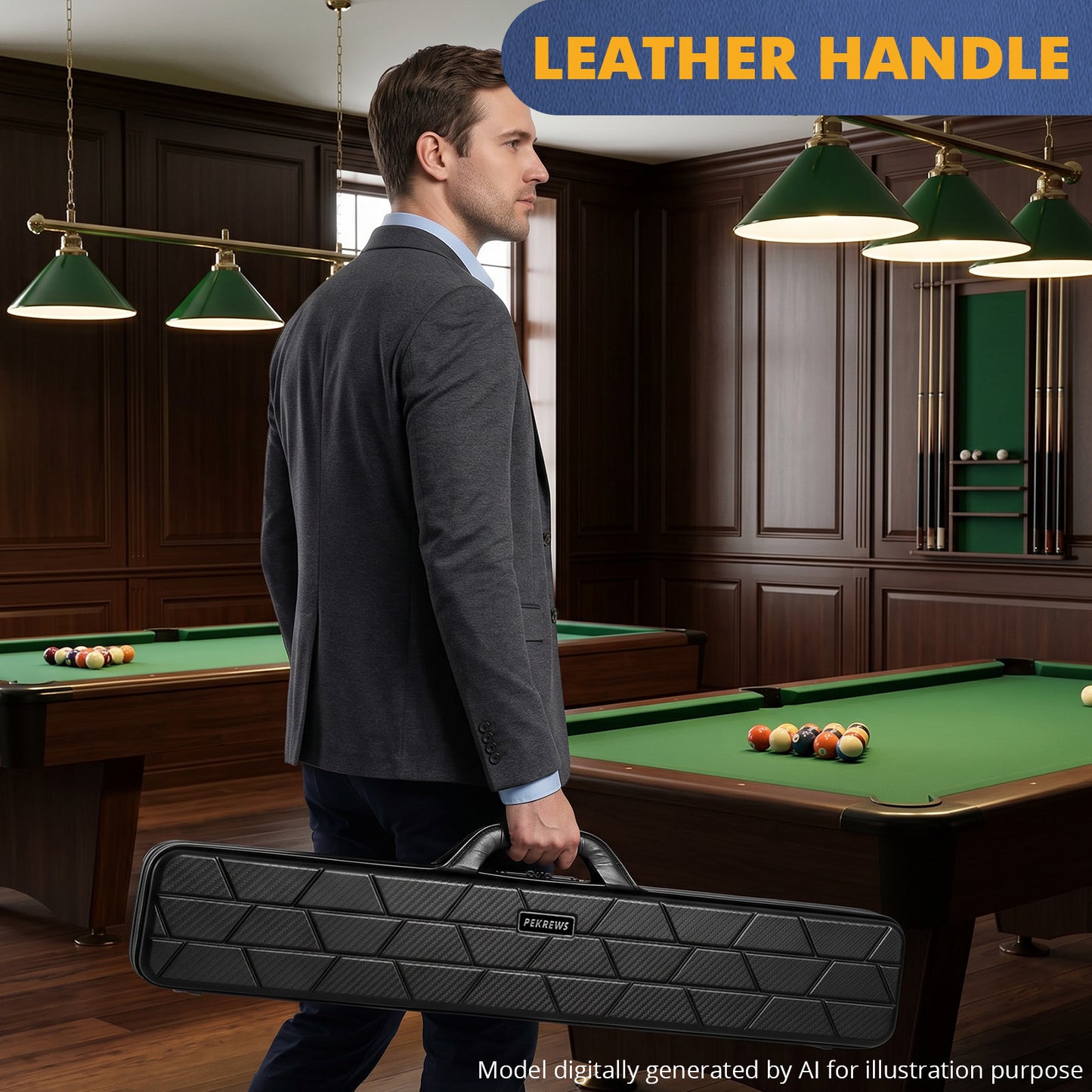 PEKREWS Pool Cue Case, 4x4 Hard Shell Pool Stick Case Holds 4 Sticks | Heavy-Duty, 10 Padded Slots Cue Stick Bag, Shoulder Strap and Leather Handle, Travel Billiard Cue Box for Men and Women