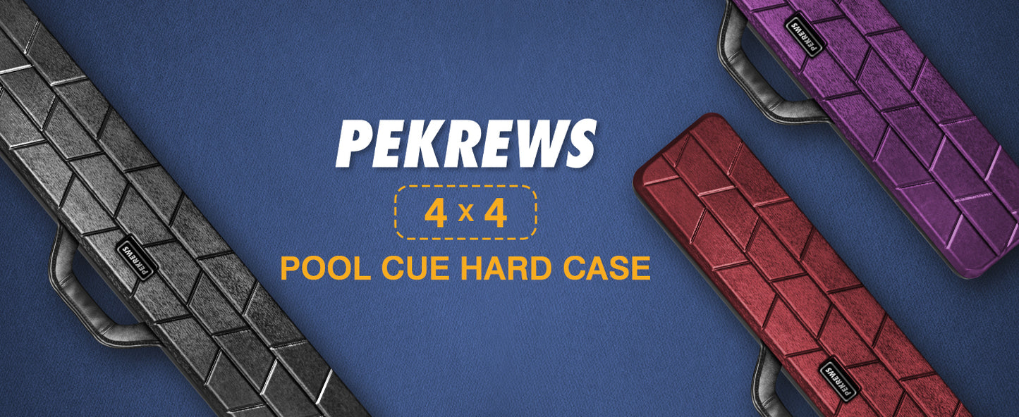 PEKREWS Pool Cue Case, 4x4 Hard Shell Pool Stick Case Holds 4 Sticks | Heavy-Duty, 10 Padded Slots Cue Stick Bag, Shoulder Strap and Leather Handle, Travel Billiard Cue Box for Men and Women