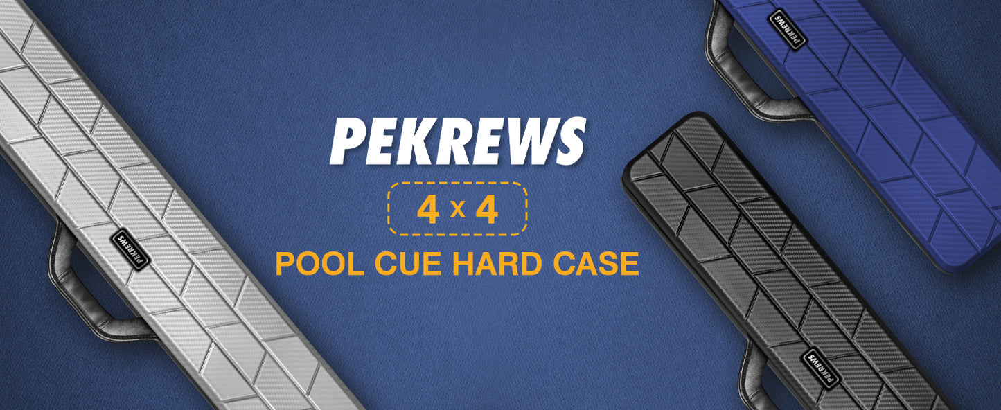 PEKREWS Pool Cue Case, 4x4 Hard Shell Pool Stick Case Holds 4 Sticks | Heavy-Duty, 10 Padded Slots Cue Stick Bag, Shoulder Strap and Leather Handle, Travel Billiard Cue Box for Men and Women
