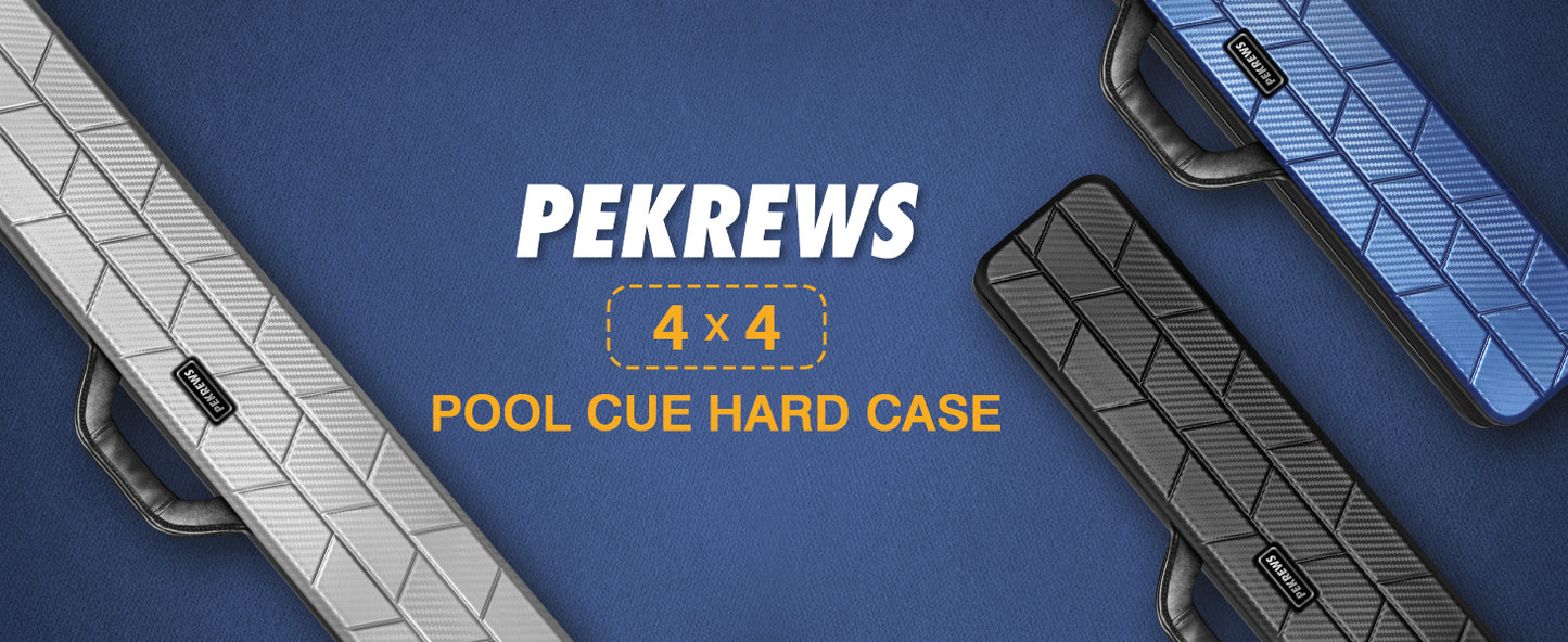 PEKREWS Pool Cue Case, 4x4 Hard Shell Pool Stick Case Holds 4 Sticks | Heavy-Duty, 10 Padded Slots Cue Stick Bag, Shoulder Strap and Leather Handle, Travel Billiard Cue Box for Men and Women