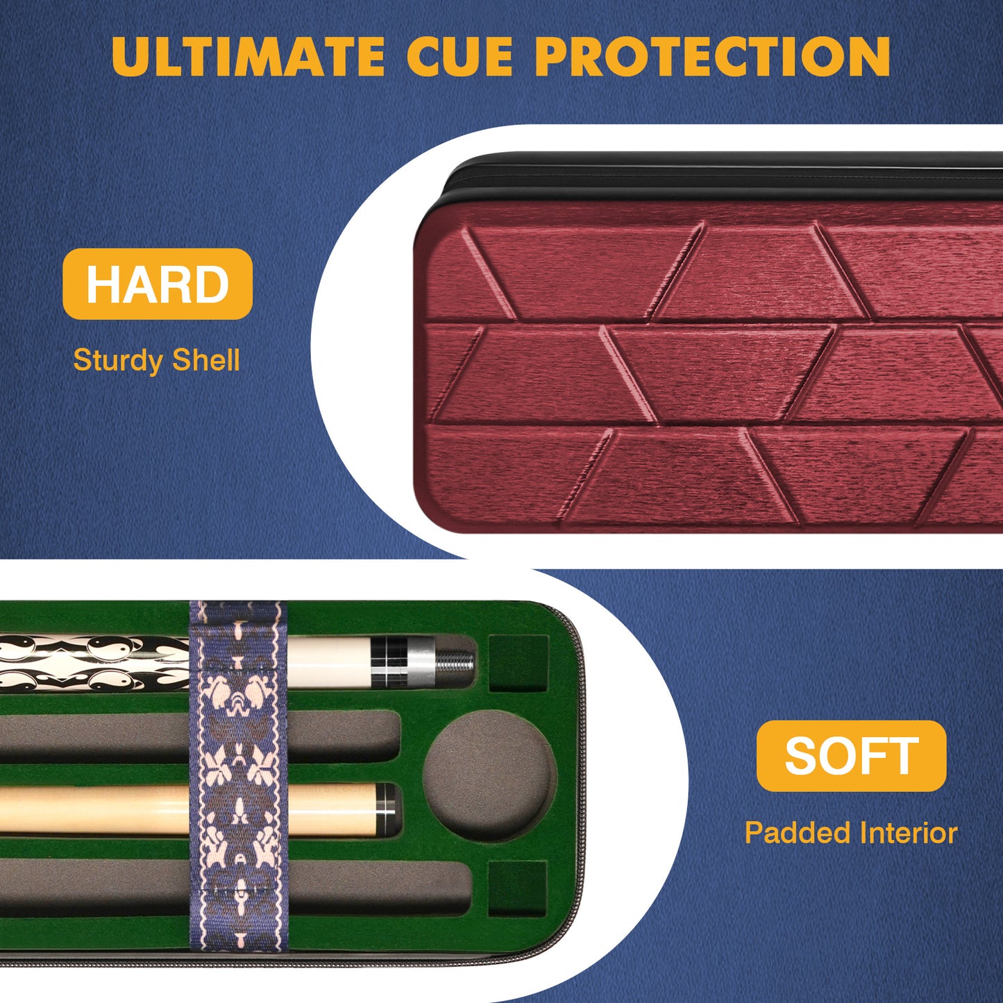 PEKREWS Pool Cue Case, 4x4 Hard Shell Pool Stick Case Holds 4 Sticks | Heavy-Duty, 10 Padded Slots Cue Stick Bag, Shoulder Strap and Leather Handle, Travel Billiard Cue Box for Men and Women