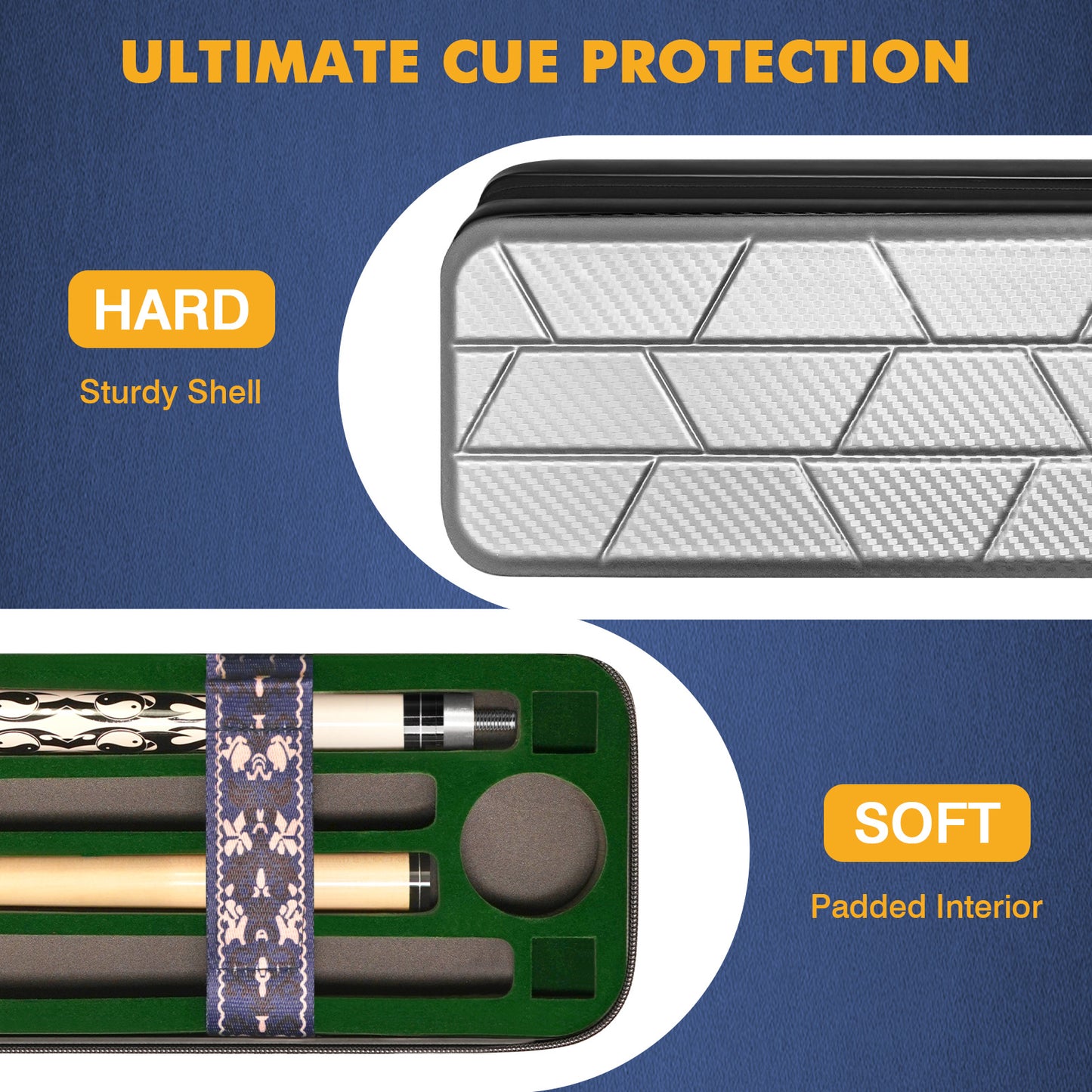PEKREWS Pool Cue Case, 4x4 Hard Shell Pool Stick Case Holds 4 Sticks | Heavy-Duty, 10 Padded Slots Cue Stick Bag, Shoulder Strap and Leather Handle, Travel Billiard Cue Box for Men and Women