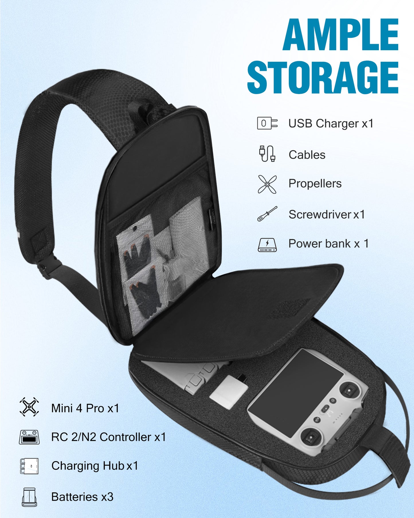 Crossbody Case for DJI Mini 3/4 Pro, RC 2/RC-N3/N2/N1 Controller | Waterproof, Travel Drone Sling Backpack, for DJI Mini 3 / Mini 4 Pro Fly More Combo Accessories, Hard Carrying Case