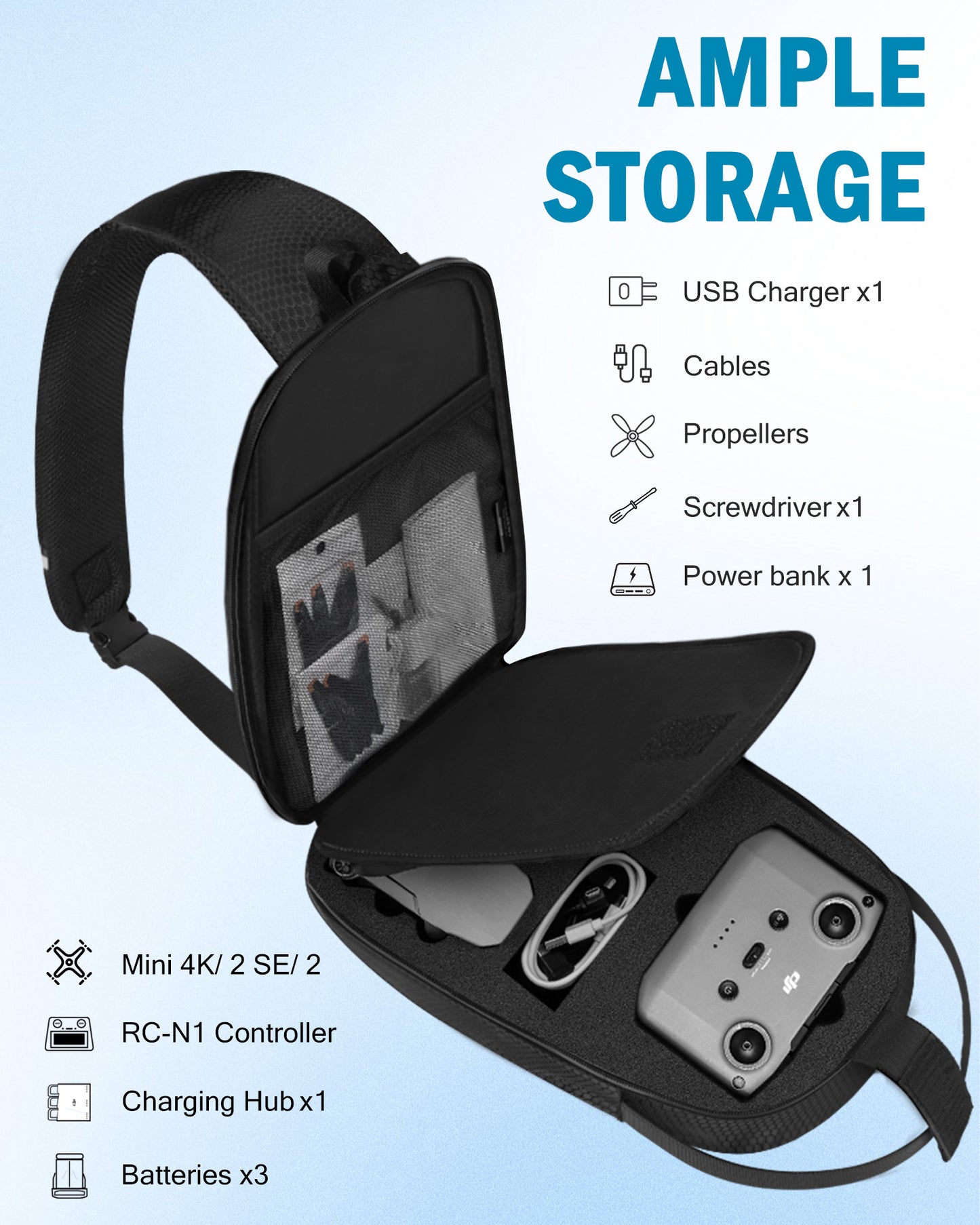 Mini 4K Case, for DJI Mini 4K/2/2 SE, RC-N1 Controller, Drone Bag | Waterproof, Travel Drone Sling Backpack, for Charging Hub and 3 Batteries, Hard Carrying Case for DJI Drone Accessories