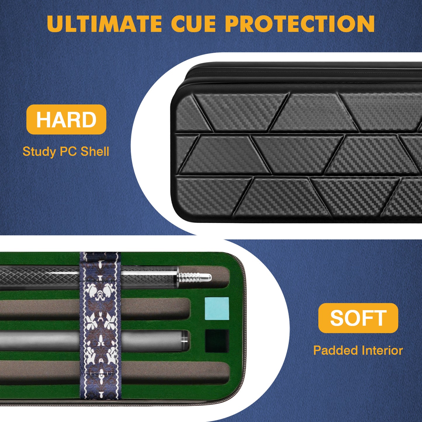 PEKREWS Pool Cue Case, 4x4 Hard Shell Pool Stick Case Holds 4 Sticks | Heavy-Duty, 10 Padded Slots Cue Stick Bag, Shoulder Strap and Leather Handle, Travel Billiard Cue Box for Men and Women