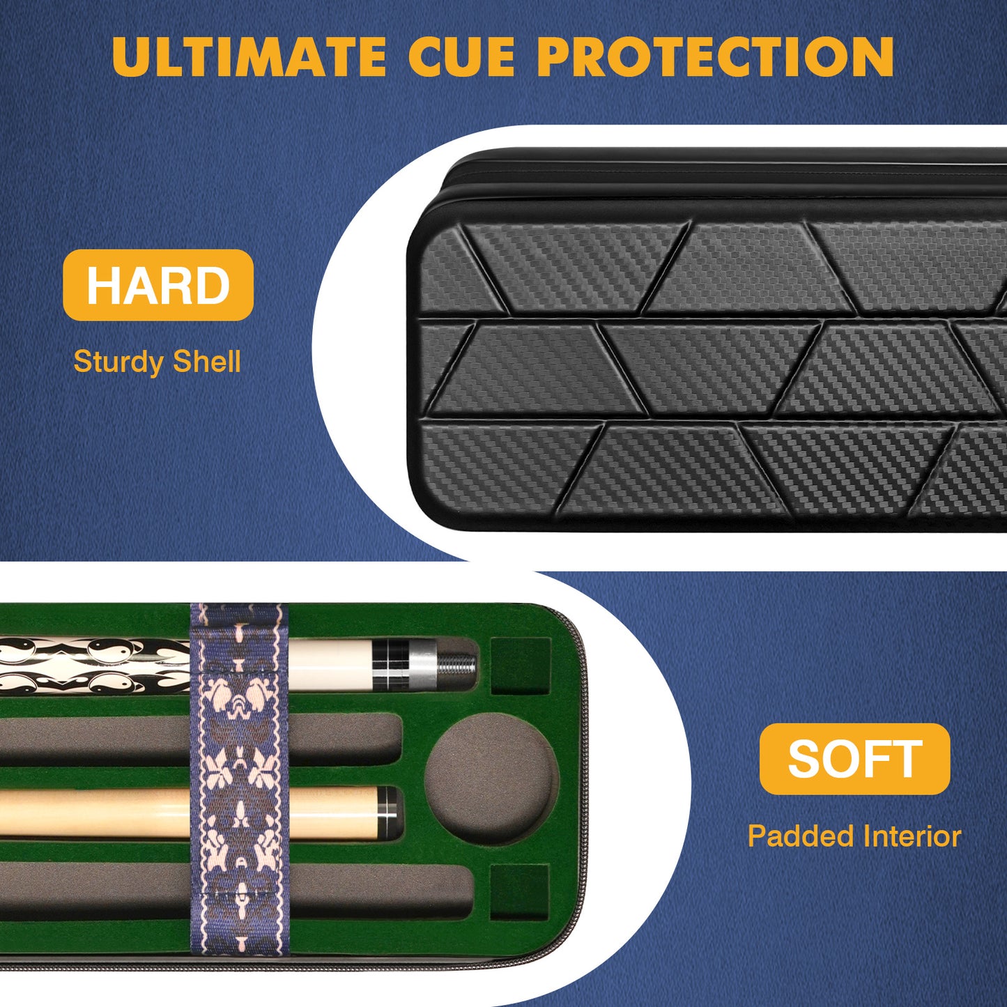 PEKREWS Pool Cue Case, 4x4 Hard Shell Pool Stick Case Holds 4 Sticks | Heavy-Duty, 10 Padded Slots Cue Stick Bag, Shoulder Strap and Leather Handle, Travel Billiard Cue Box for Men and Women