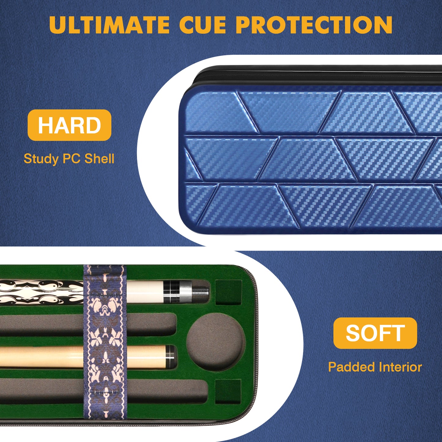 PEKREWS Pool Cue Case, 4x4 Hard Shell Pool Stick Case Holds 4 Sticks | Heavy-Duty, 10 Padded Slots Cue Stick Bag, Shoulder Strap and Leather Handle, Travel Billiard Cue Box for Men and Women