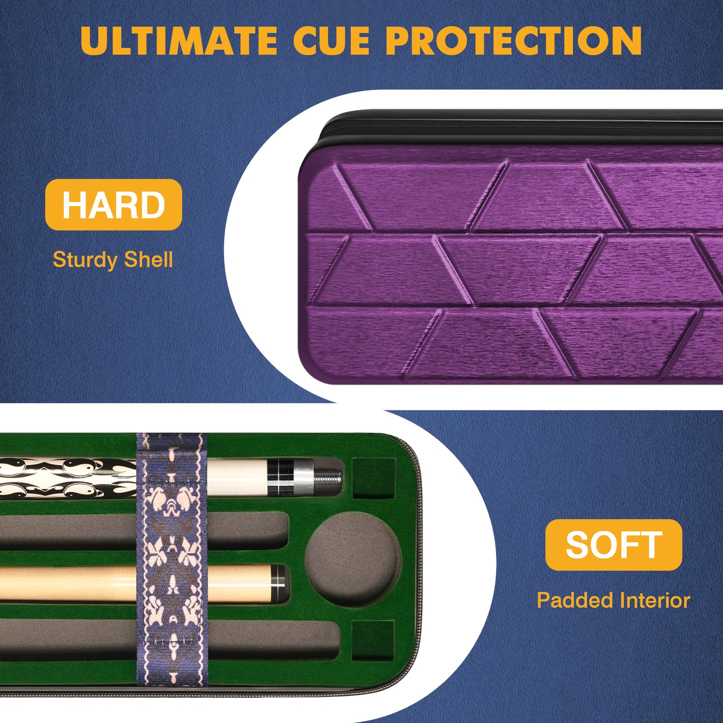 PEKREWS Pool Cue Case, 4x4 Hard Shell Pool Stick Case Holds 4 Sticks | Heavy-Duty, 10 Padded Slots Cue Stick Bag, Shoulder Strap and Leather Handle, Travel Billiard Cue Box for Men and Women