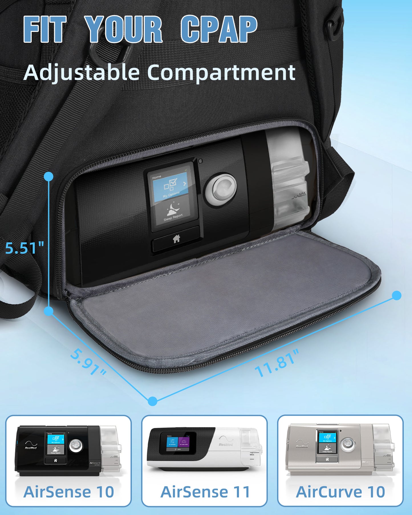 CPAP Travel Bag, for Resmed Airsense 11/10/9 Machine, CPAP Backpack | with 15.6 Inch Laptop Compartment, Large Organized Space, Carrying Bag for Resmed Airsense Accessories, Travel Backpack