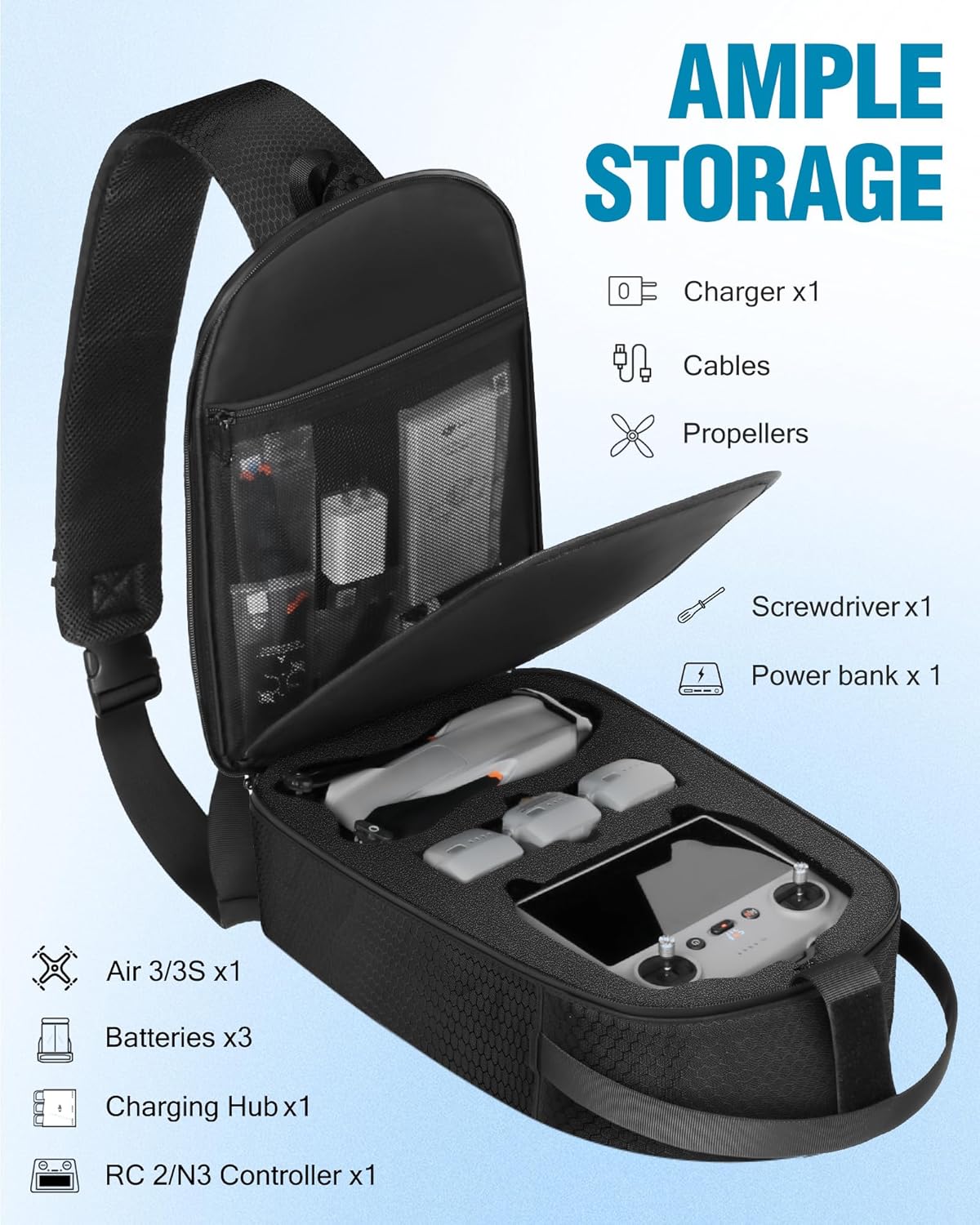 Air 3S Case, for DJI RC 2, RC-N3/N2 Remote Controller, Drone Bag | Waterproof, Drone Sling Backpack, for DJI Air 3 Fly More Combo Accessories, Hardshell Crossbody Bag, Travel Drone Backpack