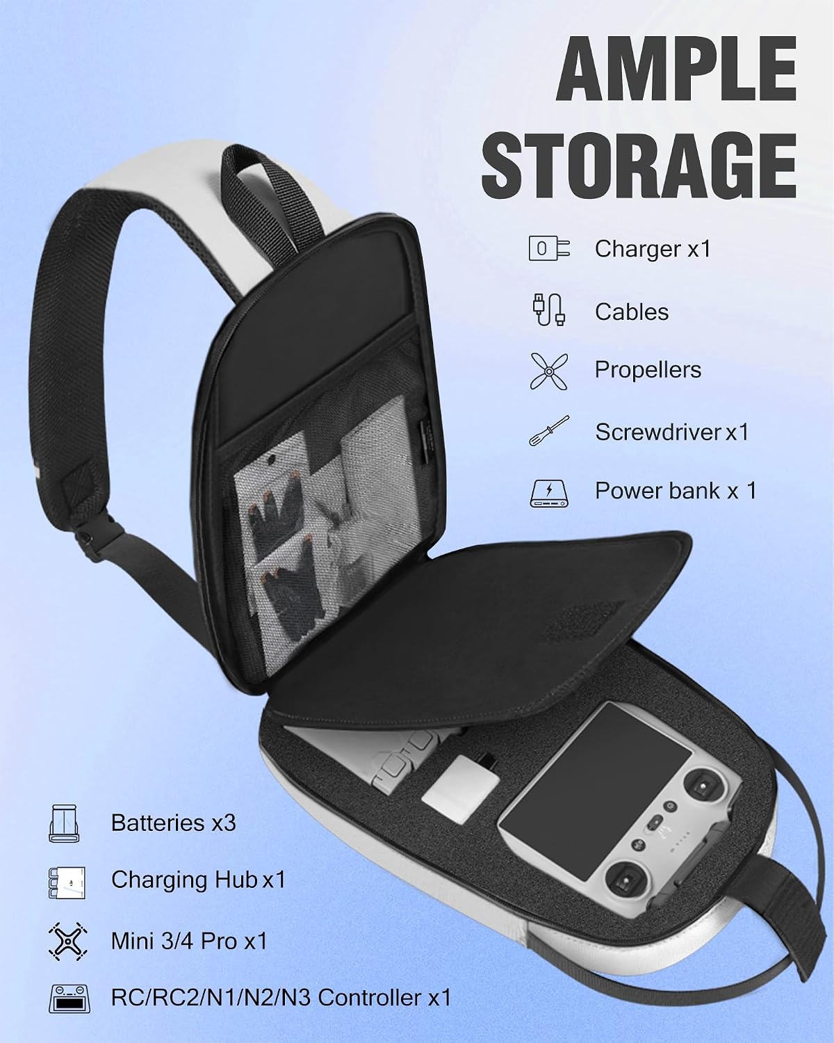 Crossbody Case for DJI Mini 3/4 Pro, RC 2/RC-N3/N2/N1 Controller | Waterproof, Travel Drone Sling Backpack, for DJI Mini 3 / Mini 4 Pro Fly More Combo Accessories, Hard Carrying Case