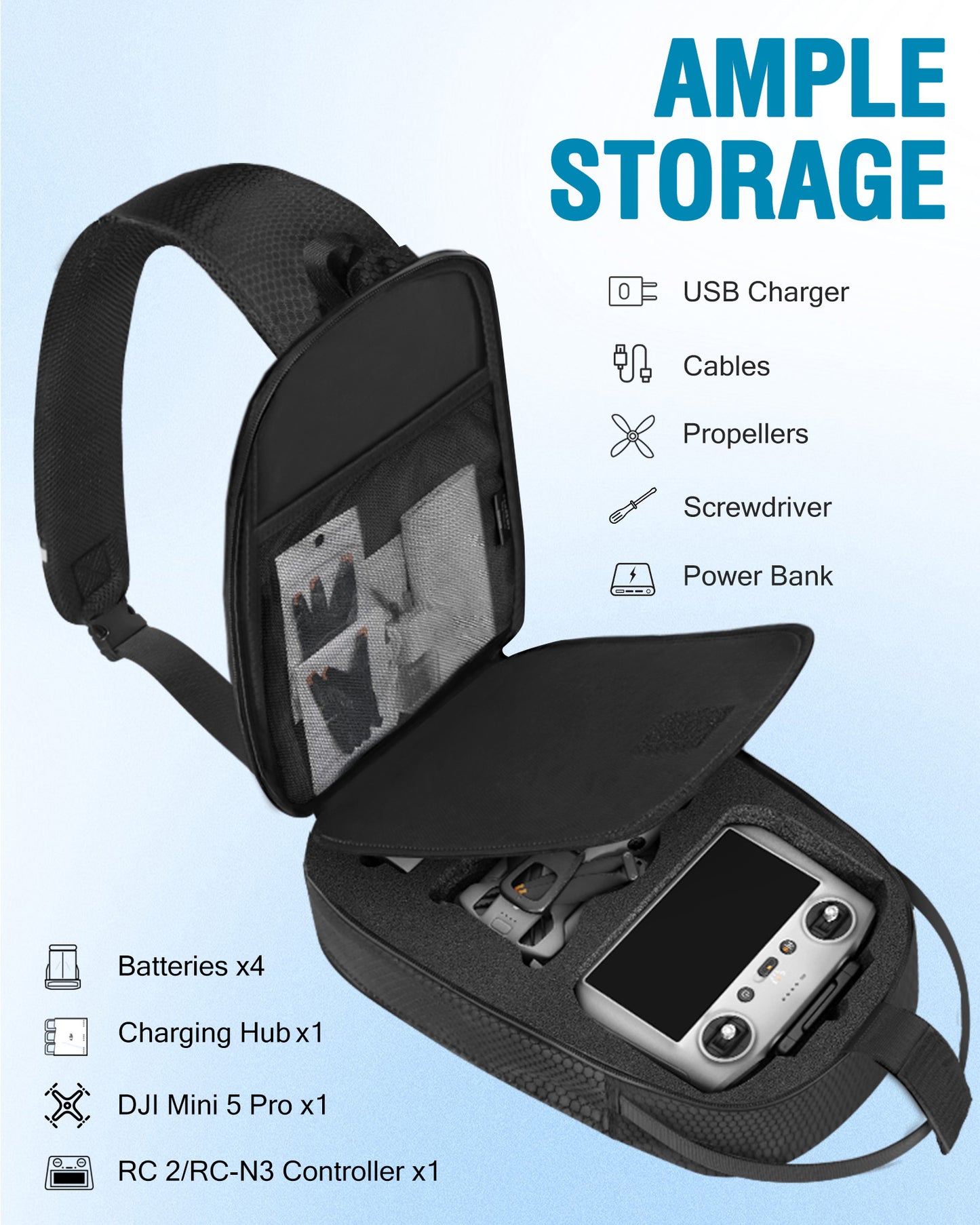 Case for DJI Mini 5 Pro, for RC 2, RC-N3 Controller Fly More Combo | Sling Backpack, Waterproof Hard Carrying Case, for DJI Mini 5 Pro, Travel Crossbody Bag, for Drone Accessories