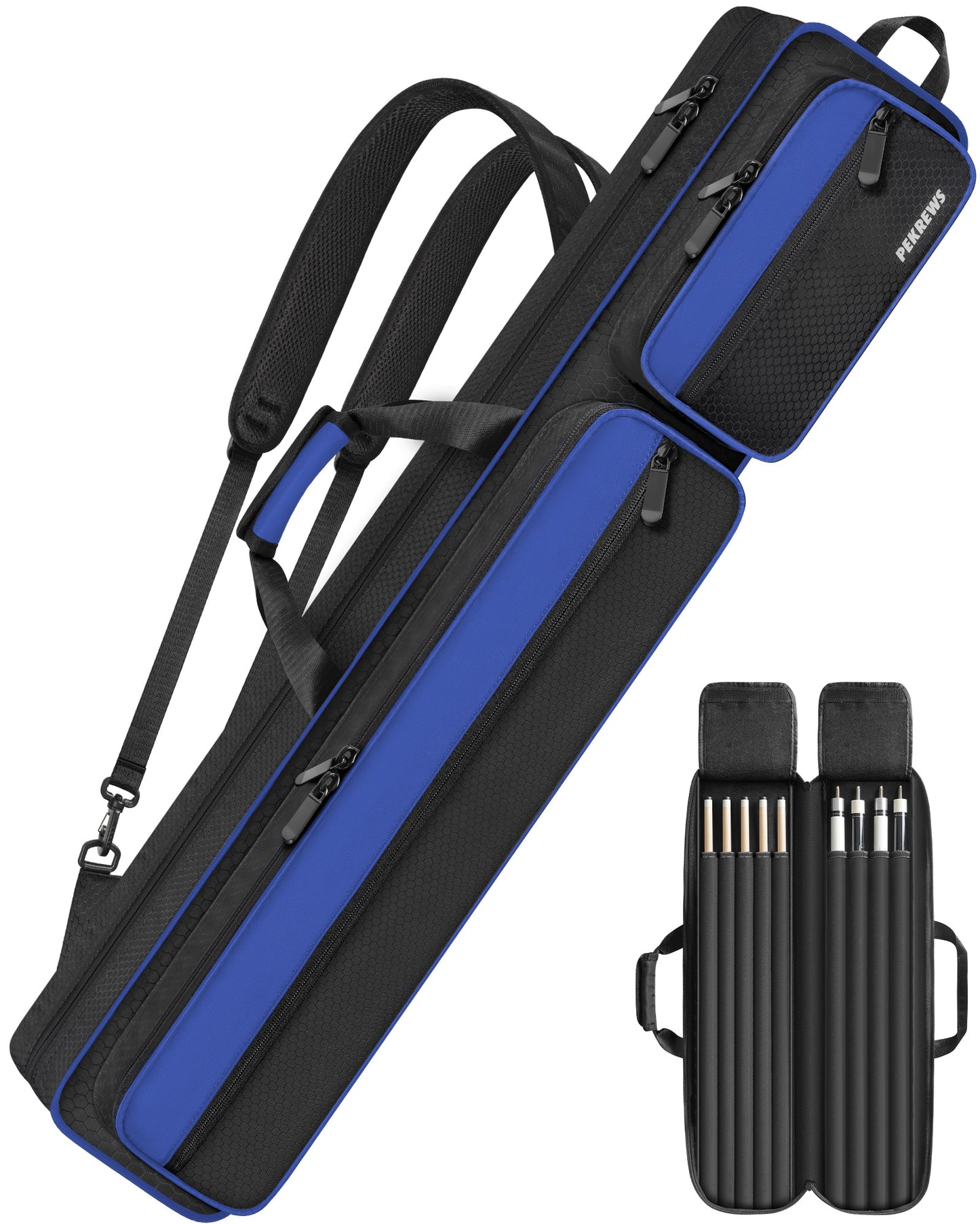 PEKREWS Pool Cue Case, 4x5 Pool Stick Bag with Multiple Accessory Pockets | Fit Multi-Sticks Soft Cue Stick Case, Hidden Shoulder Strap, 2 Handle, Travel Billiard Cue Backpack Holder, for Men and Women