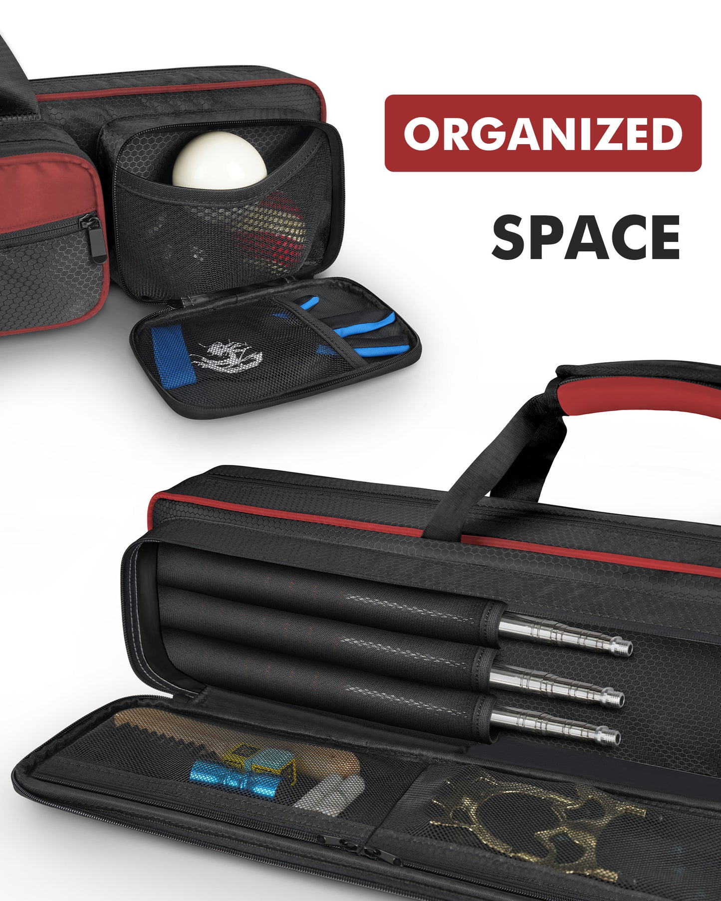 PEKREWS Pool Cue Case, 4x5 Pool Stick Bag with Multiple Accessory Pockets | Fit Multi-Sticks Soft Cue Stick Case, Hidden Shoulder Strap, 2 Handle, Travel Billiard Cue Backpack Holder, for Men and Women