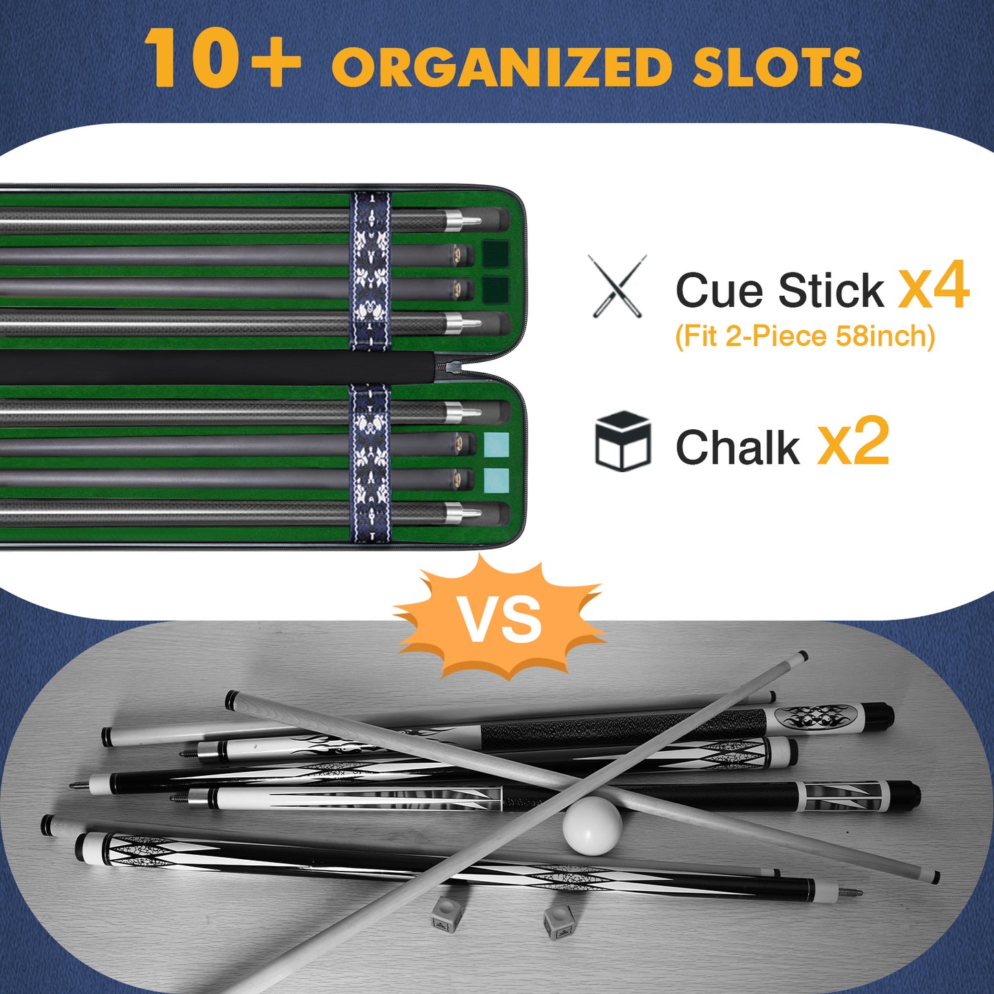 PEKREWS Pool Cue Case, 4x4 Hard Shell Pool Stick Case Holds 4 Sticks | Heavy-Duty, 10 Padded Slots Cue Stick Bag, Shoulder Strap and Leather Handle, Travel Billiard Cue Box for Men and Women