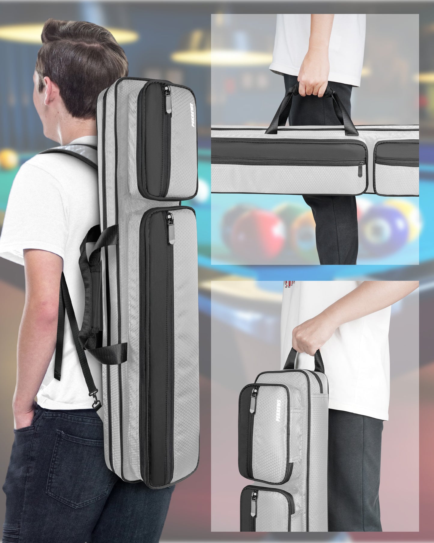 PEKREWS Pool Cue Case, 4x5 Pool Stick Bag with Multiple Accessory Pockets | Fit Multi-Sticks Soft Cue Stick Case, Hidden Shoulder Strap, 2 Handle, Travel Billiard Cue Backpack Holder, for Men and Women