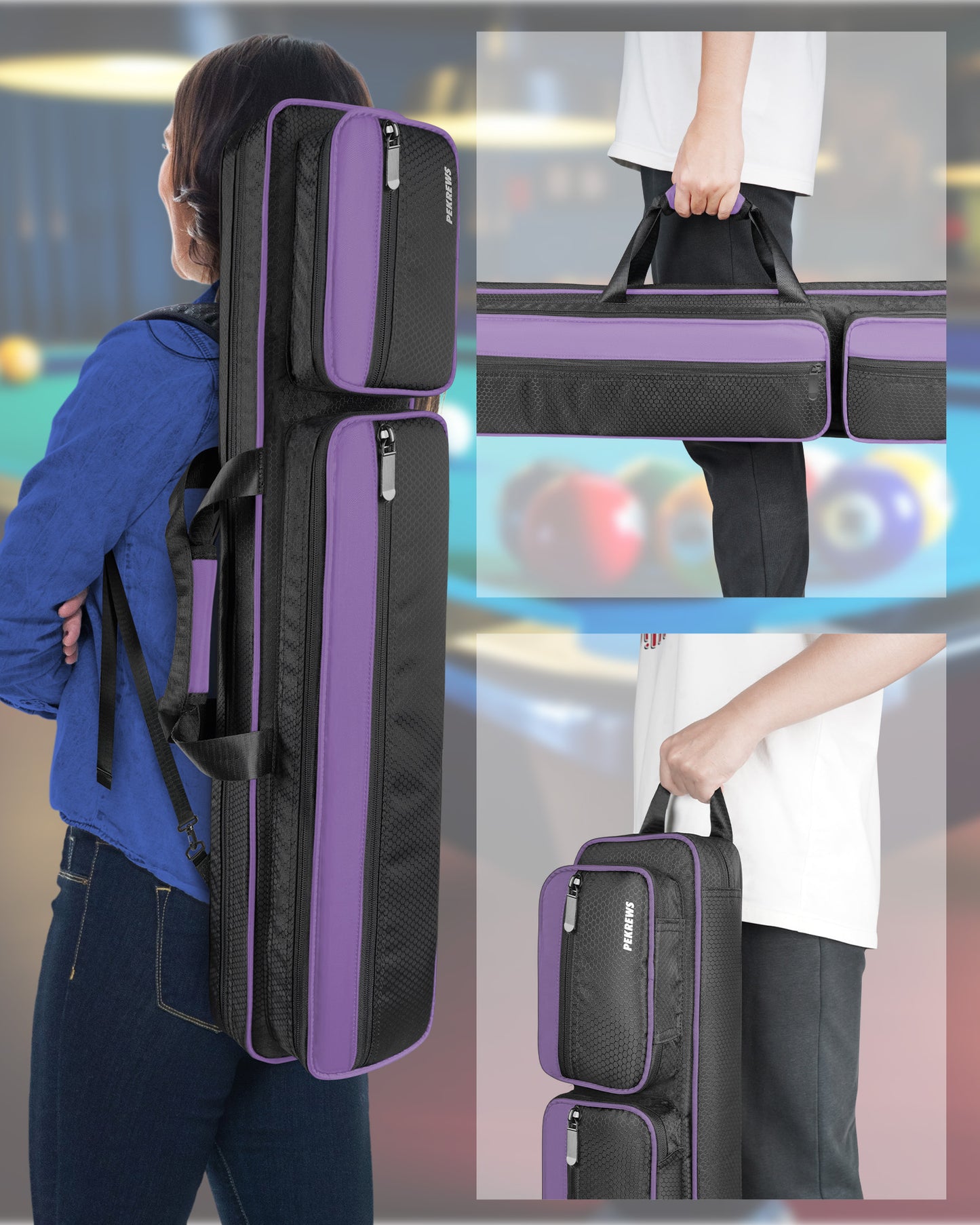 PEKREWS Pool Cue Case, 4x5 Pool Stick Bag with Multiple Accessory Pockets | Fit Multi-Sticks Soft Cue Stick Case, Hidden Shoulder Strap, 2 Handle, Travel Billiard Cue Backpack Holder, for Men and Women