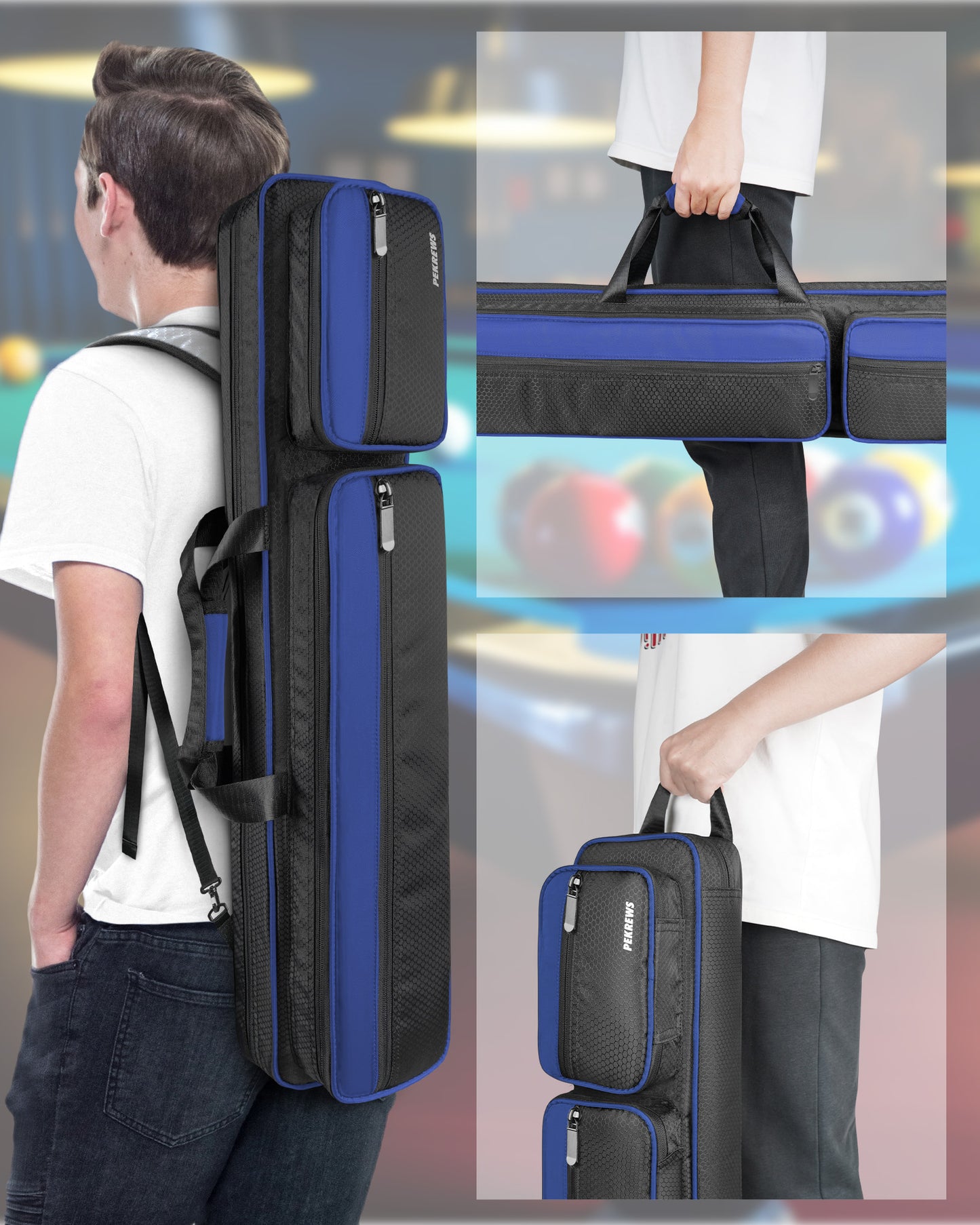 PEKREWS Pool Cue Case, 4x5 Pool Stick Bag with Multiple Accessory Pockets | Fit Multi-Sticks Soft Cue Stick Case, Hidden Shoulder Strap, 2 Handle, Travel Billiard Cue Backpack Holder, for Men and Women