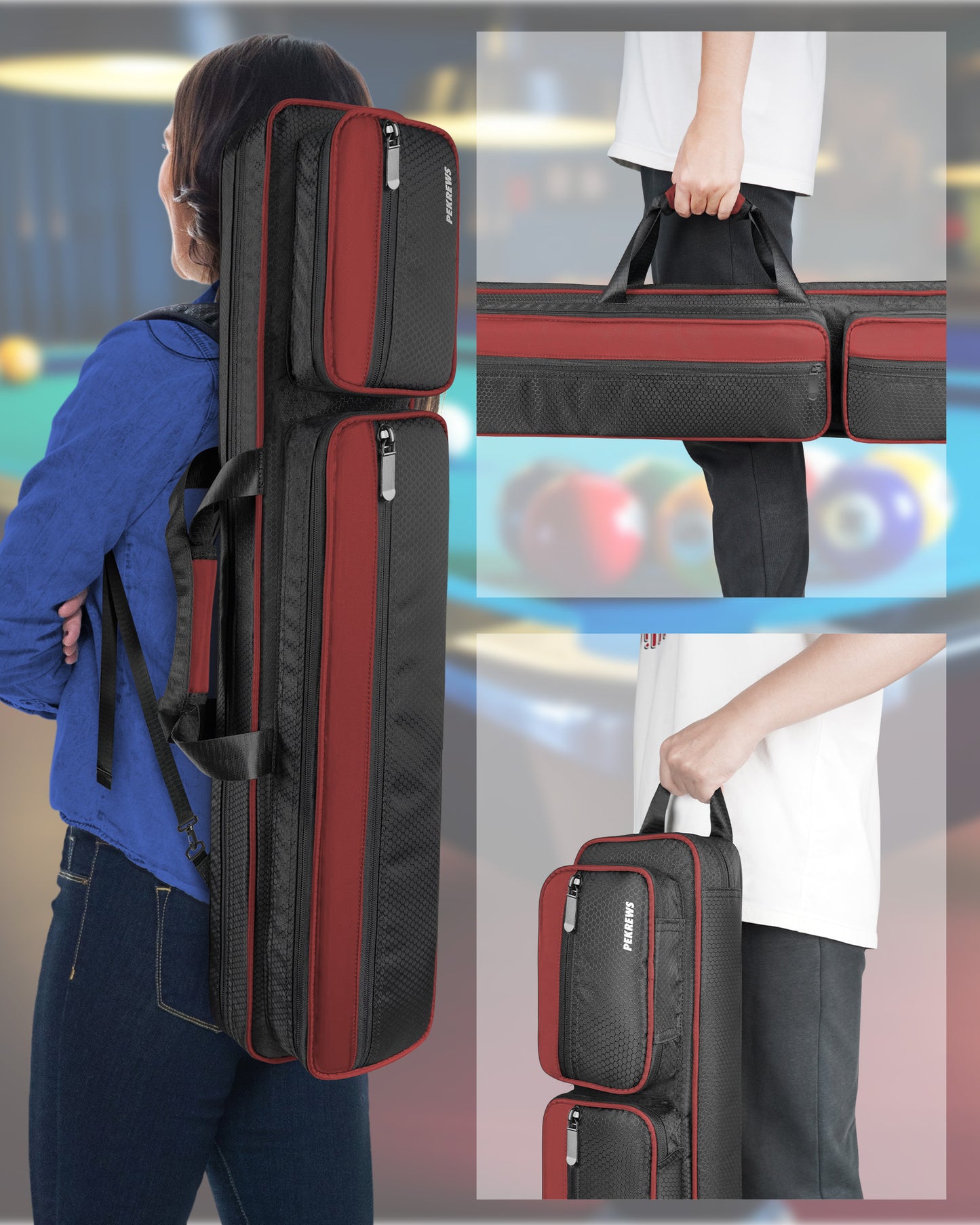 PEKREWS Pool Cue Case, 4x5 Pool Stick Bag with Multiple Accessory Pockets | Fit Multi-Sticks Soft Cue Stick Case, Hidden Shoulder Strap, 2 Handle, Travel Billiard Cue Backpack Holder, for Men and Women