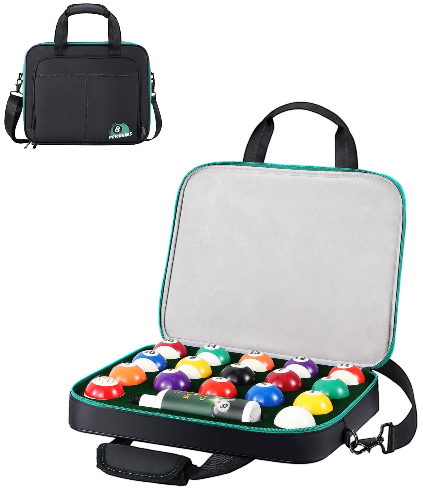 PEKREWS Billiard Carrying Bag Fit 17 or 12 2-1/4'' Billiards Ball Set | Padded Pool Ball Case, Carry Handle and Shoulder Strap, Pool Ball Holder for Accessories, Travel Storage Box, Bag Only