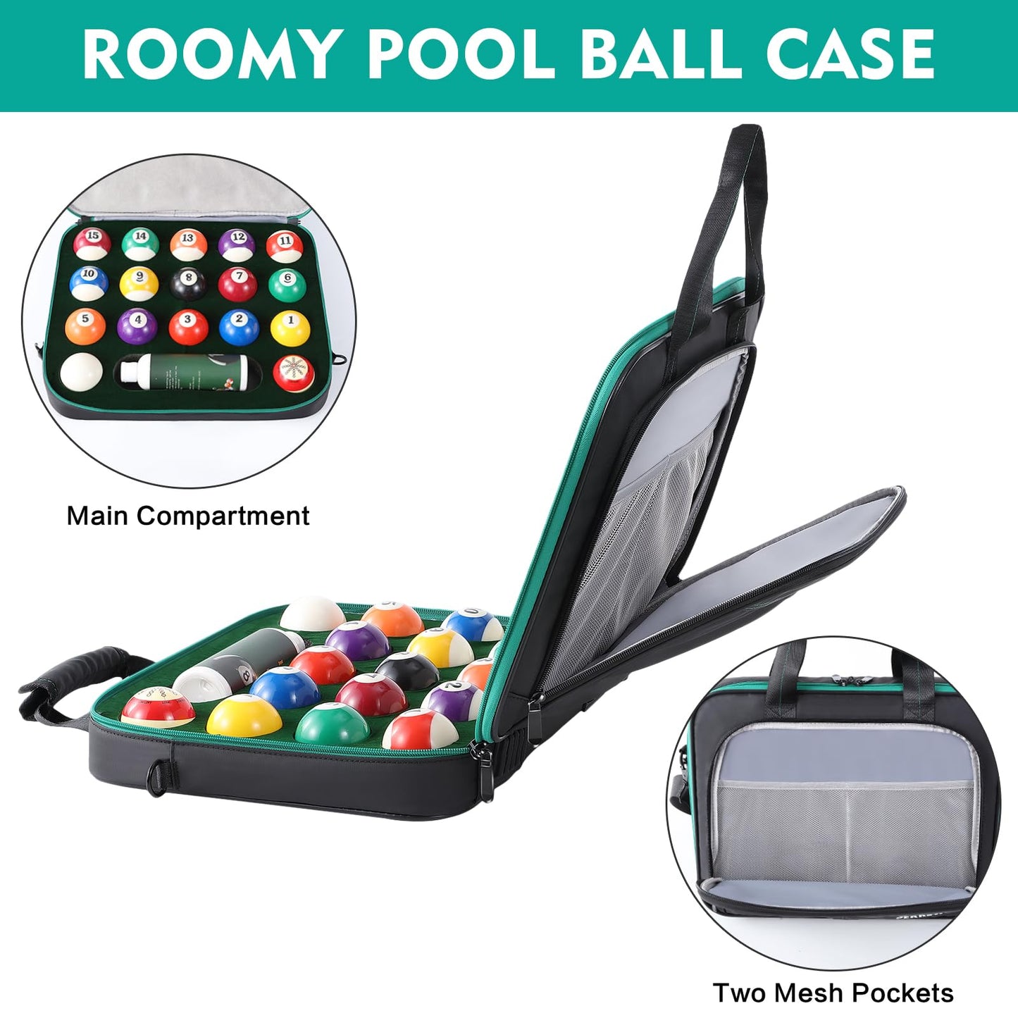 PEKREWS Billiard Carrying Bag Fit 17 or 12 2-1/4'' Billiards Ball Set | Padded Pool Ball Case, Carry Handle and Shoulder Strap, Pool Ball Holder for Accessories, Travel Storage Box, Bag Only