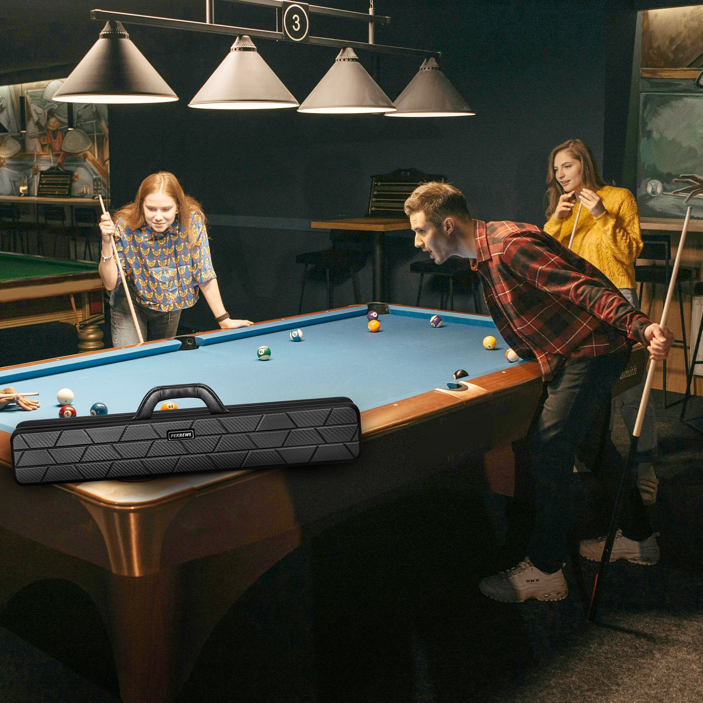 PEKREWS Pool Cue Case, 4x4 Hard Shell Pool Stick Case Holds 4 Sticks | Heavy-Duty, 10 Padded Slots Cue Stick Bag, Shoulder Strap and Leather Handle, Travel Billiard Cue Box for Men and Women