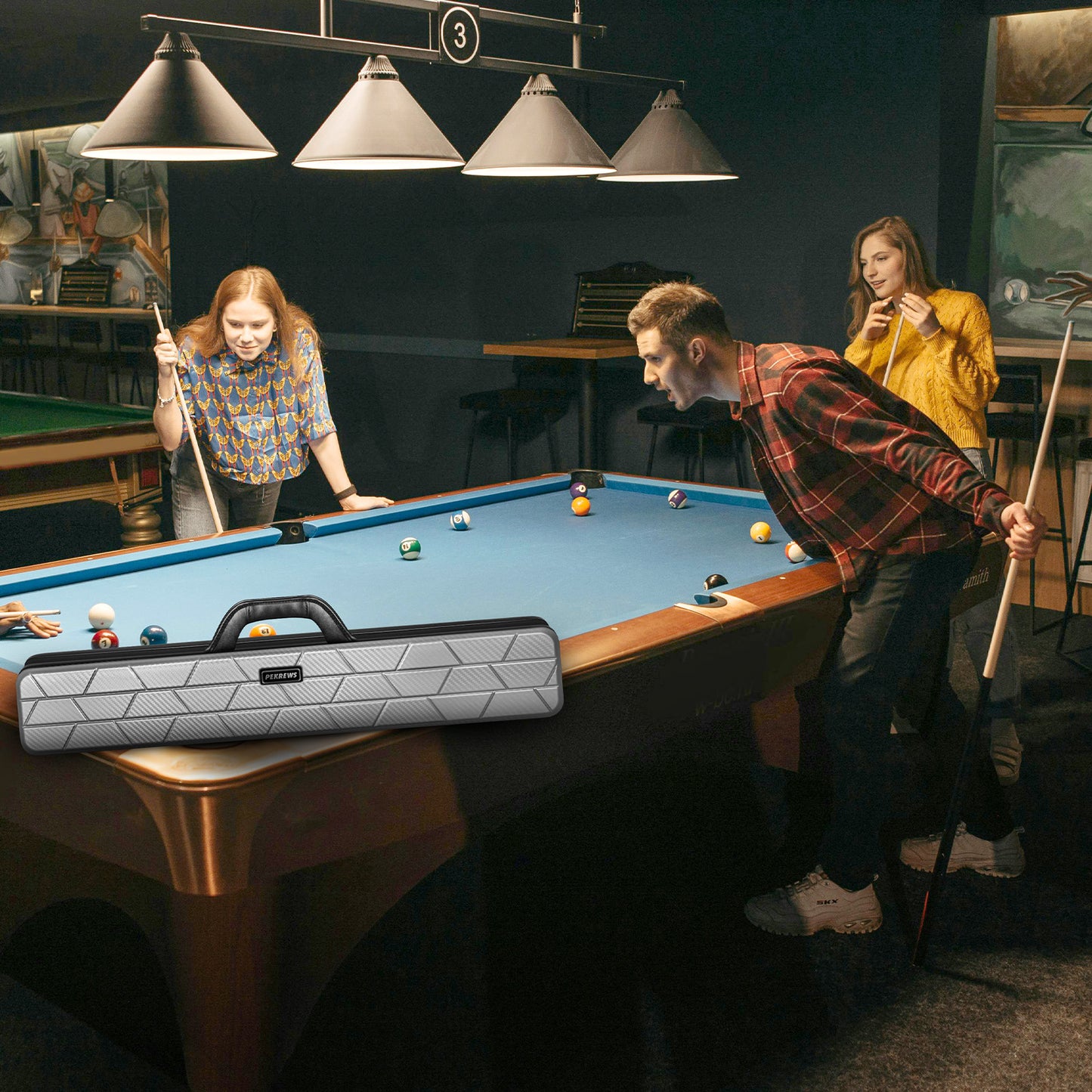PEKREWS Pool Cue Case, 4x4 Hard Shell Pool Stick Case Holds 4 Sticks | Heavy-Duty, 10 Padded Slots Cue Stick Bag, Shoulder Strap and Leather Handle, Travel Billiard Cue Box for Men and Women