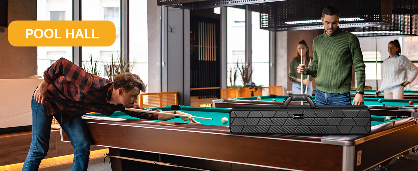 PEKREWS Pool Cue Case, 4x4 Hard Shell Pool Stick Case Holds 4 Sticks | Heavy-Duty, 10 Padded Slots Cue Stick Bag, Shoulder Strap and Leather Handle, Travel Billiard Cue Box for Men and Women