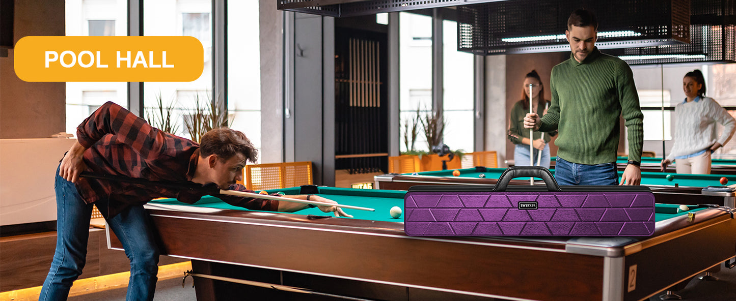 PEKREWS Pool Cue Case, 4x4 Hard Shell Pool Stick Case Holds 4 Sticks | Heavy-Duty, 10 Padded Slots Cue Stick Bag, Shoulder Strap and Leather Handle, Travel Billiard Cue Box for Men and Women