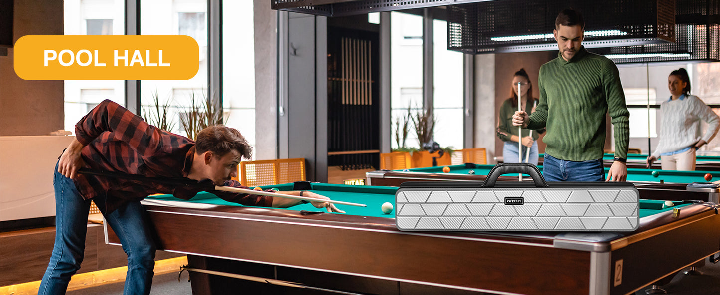 PEKREWS Pool Cue Case, 4x4 Hard Shell Pool Stick Case Holds 4 Sticks | Heavy-Duty, 10 Padded Slots Cue Stick Bag, Shoulder Strap and Leather Handle, Travel Billiard Cue Box for Men and Women