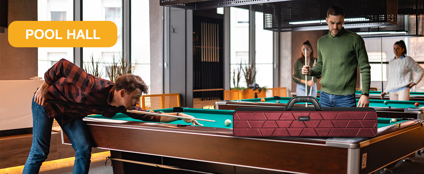 PEKREWS Pool Cue Case, 4x4 Hard Shell Pool Stick Case Holds 4 Sticks | Heavy-Duty, 10 Padded Slots Cue Stick Bag, Shoulder Strap and Leather Handle, Travel Billiard Cue Box for Men and Women
