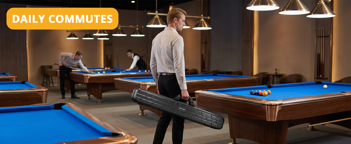 PEKREWS Pool Cue Case, 2x2 Hard Shell Pool Stick Case Holds 2 Sticks | Heavy-Duty, 4 Padded Slots Cue Stick Bag, Shoulder Strap and Leather Handle, Sturdy Travel Billiard Cue Box for Men and Women