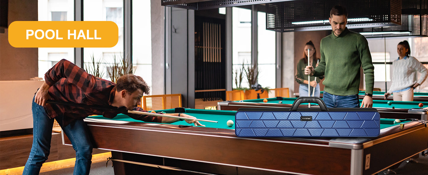 PEKREWS Pool Cue Case, 4x4 Hard Shell Pool Stick Case Holds 4 Sticks | Heavy-Duty, 10 Padded Slots Cue Stick Bag, Shoulder Strap and Leather Handle, Travel Billiard Cue Box for Men and Women