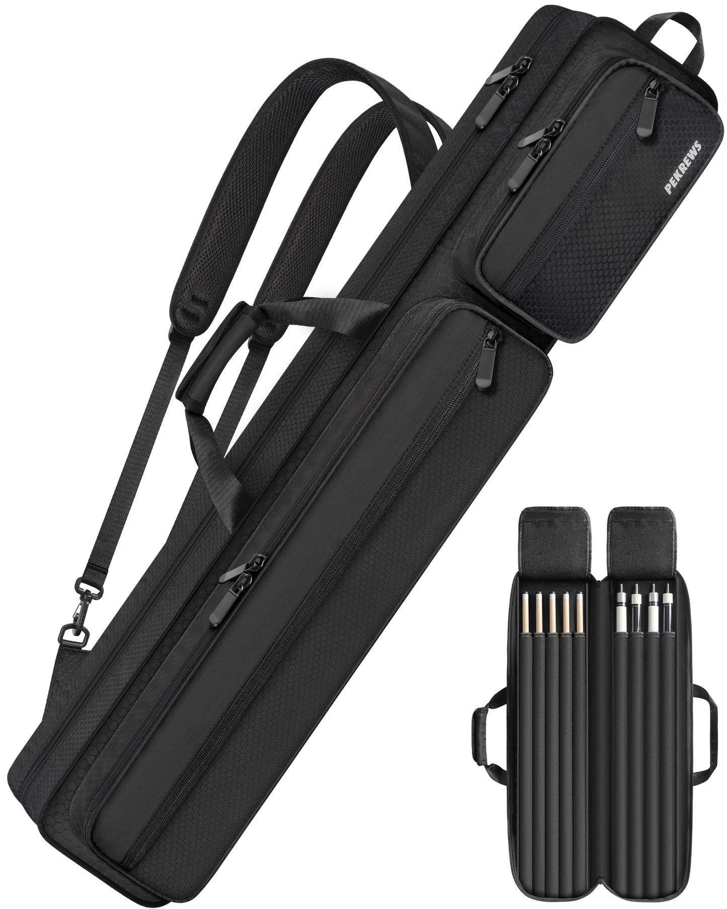 Pool Cue Case, 4x5 Pool Stick Bag with Multiple Accessory Pockets | Fit Multi-Sticks Soft Cue Stick Case, Hidden Shoulder Strap, 2 Handle, Travel Billiard Cue Backpack Holder, for Men and Women