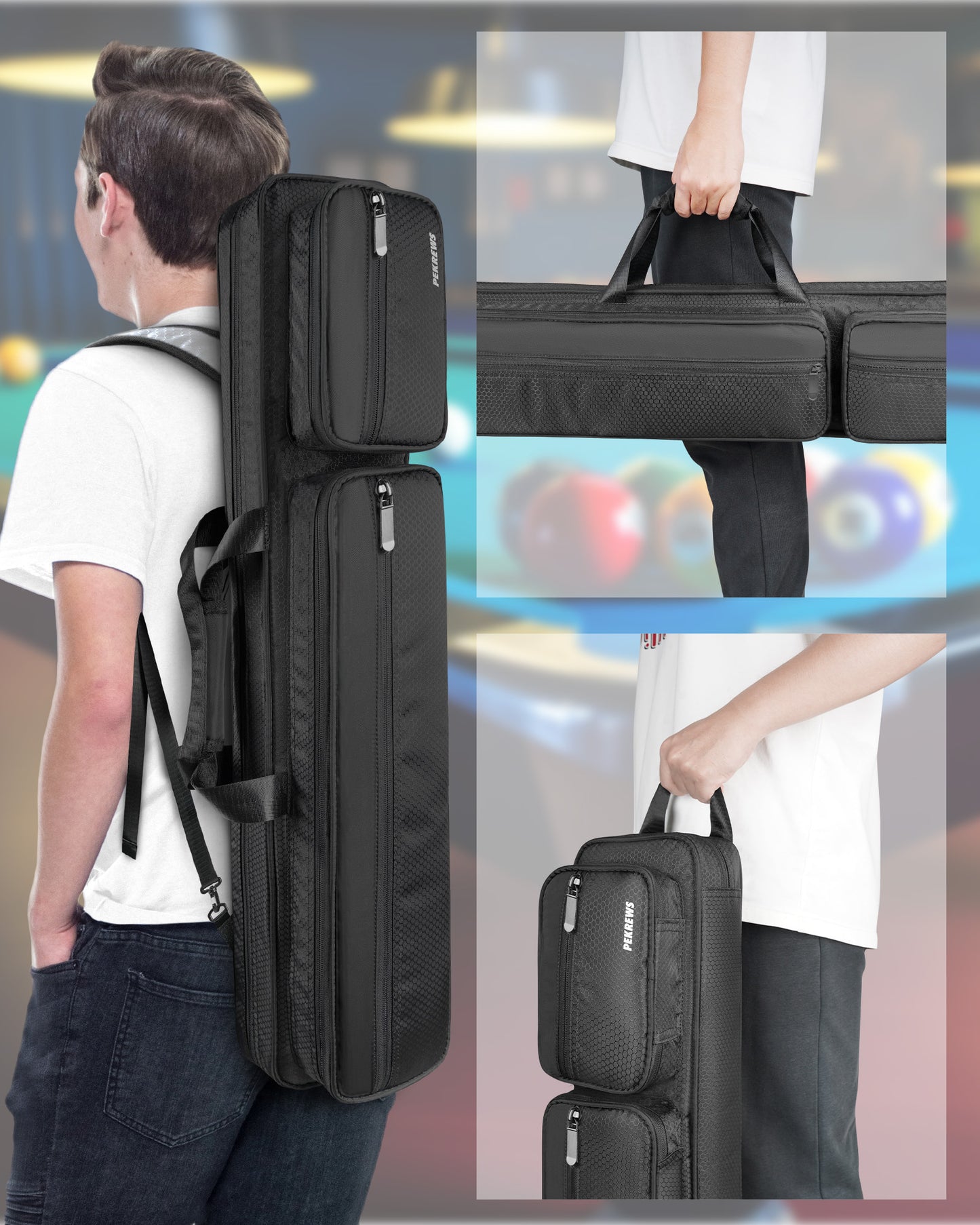 Pool Cue Case, 4x5 Pool Stick Bag with Multiple Accessory Pockets | Fit Multi-Sticks Soft Cue Stick Case, Hidden Shoulder Strap, 2 Handle, Travel Billiard Cue Backpack Holder, for Men and Women