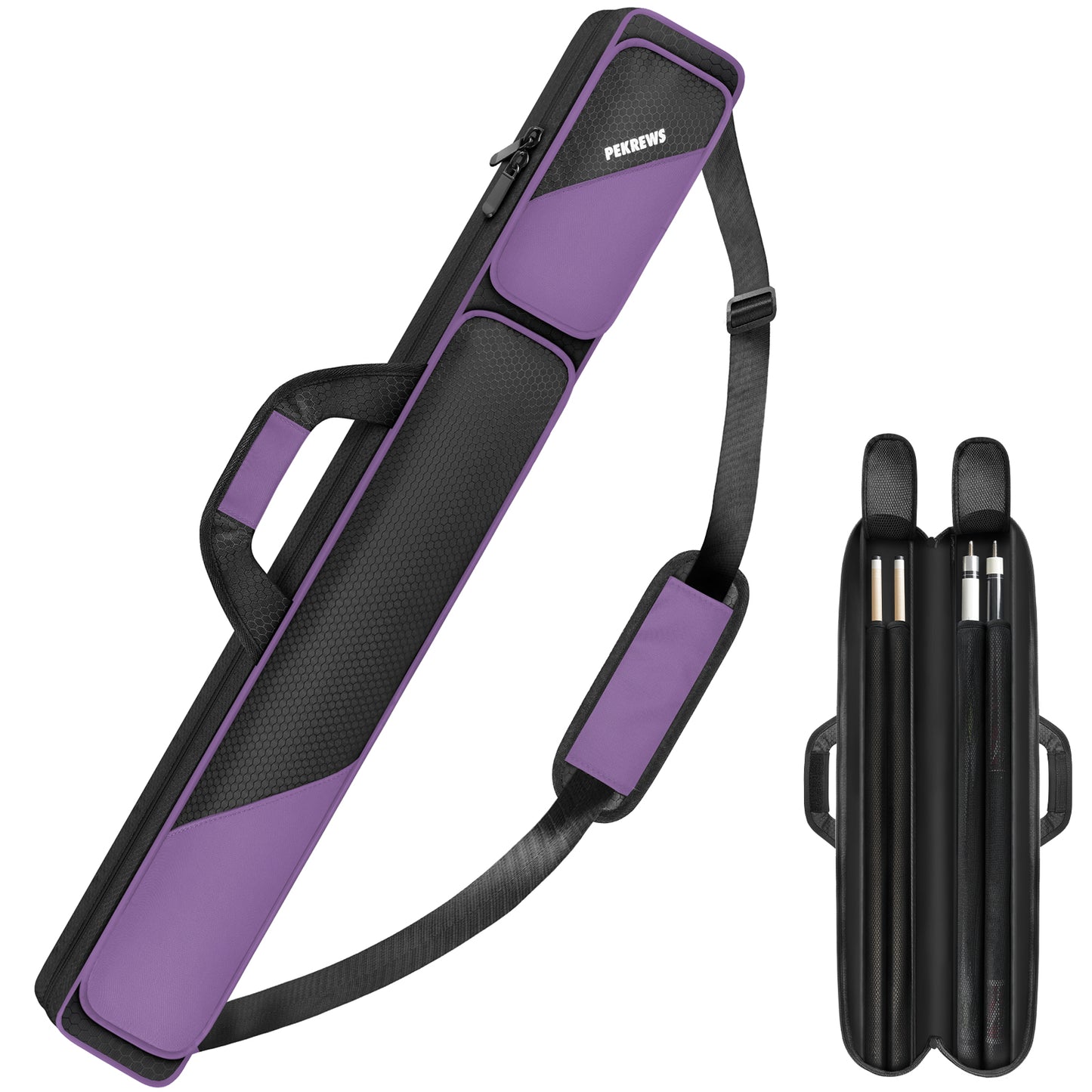PEKREWS Pool Cue Case, Pool Stick Case 2x2 with 2 Accessories Pockets | Sturdy Pool Cue Carrying Bag, Shoulder Strap and Handle, Soft Billiard Stick Holder, Sling Bag for Men and Women