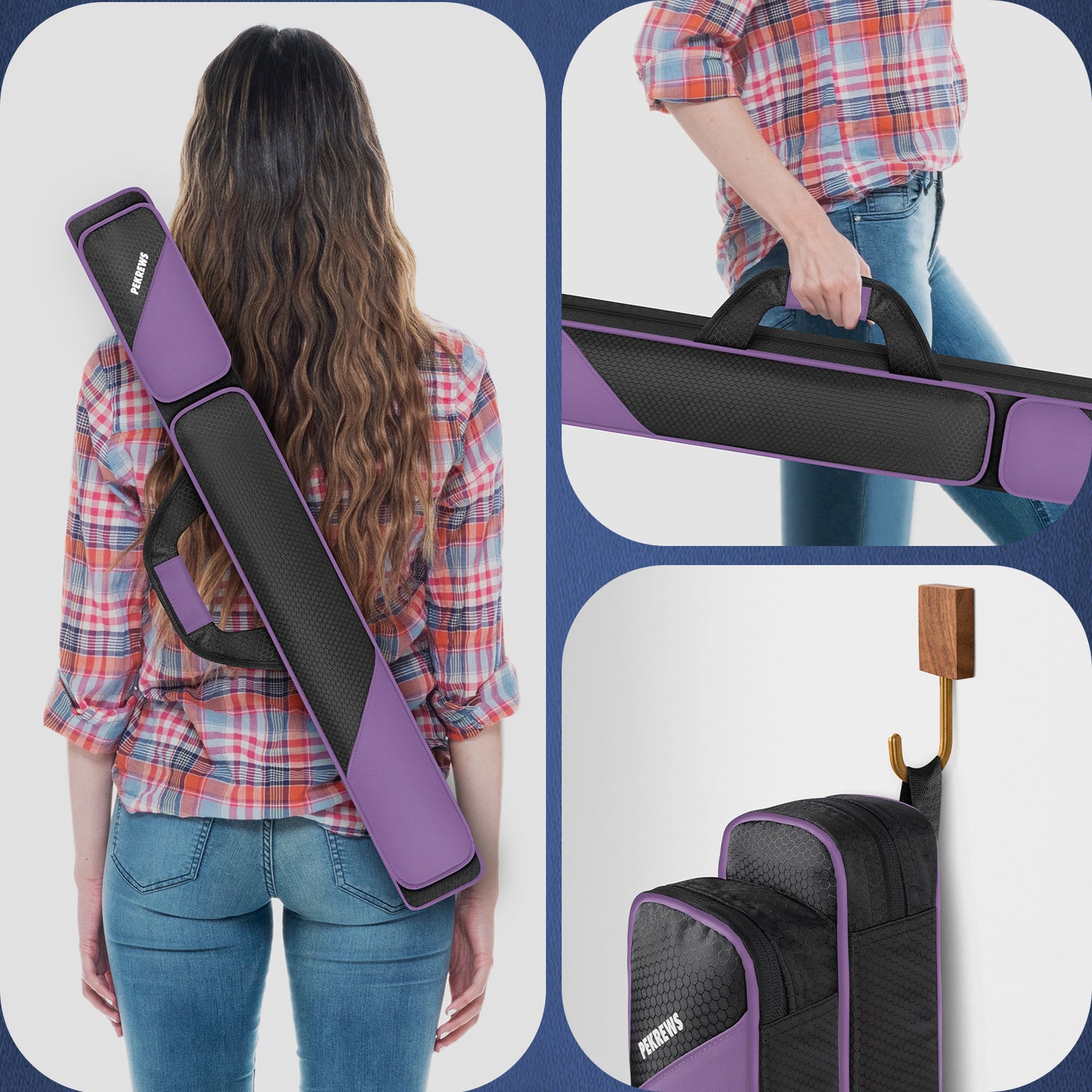 PEKREWS Pool Cue Case, Pool Stick Case 2x2 with 2 Accessories Pockets | Sturdy Pool Cue Carrying Bag, Shoulder Strap and Handle, Soft Billiard Stick Holder, Sling Bag for Men and Women
