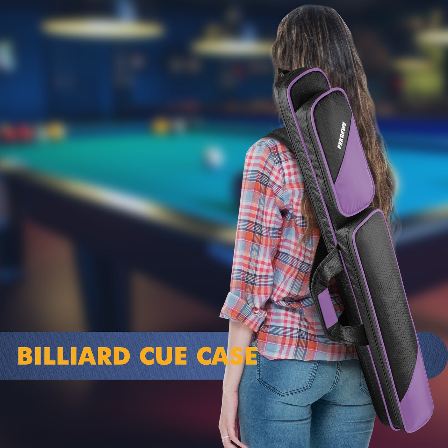 PEKREWS Pool Cue Case, Pool Stick Case 2x2 with 2 Accessories Pockets | Sturdy Pool Cue Carrying Bag, Shoulder Strap and Handle, Soft Billiard Stick Holder, Sling Bag for Men and Women