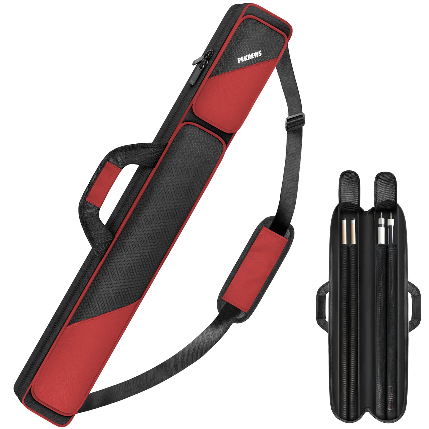 PEKREWS Pool Cue Case, Pool Stick Case 2x2 with 2 Accessories Pockets | Sturdy Pool Cue Carrying Bag, Shoulder Strap and Handle, Soft Billiard Stick Holder, Sling Bag for Men and Women