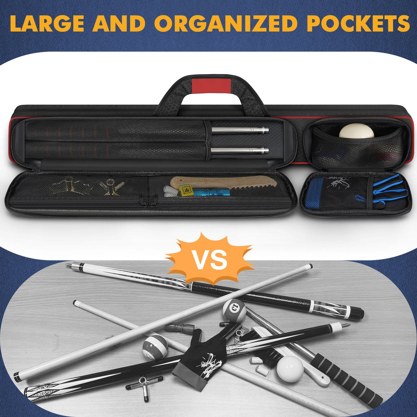 PEKREWS Pool Cue Case, Pool Stick Case 2x2 with 2 Accessories Pockets | Sturdy Pool Cue Carrying Bag, Shoulder Strap and Handle, Soft Billiard Stick Holder, Sling Bag for Men and Women