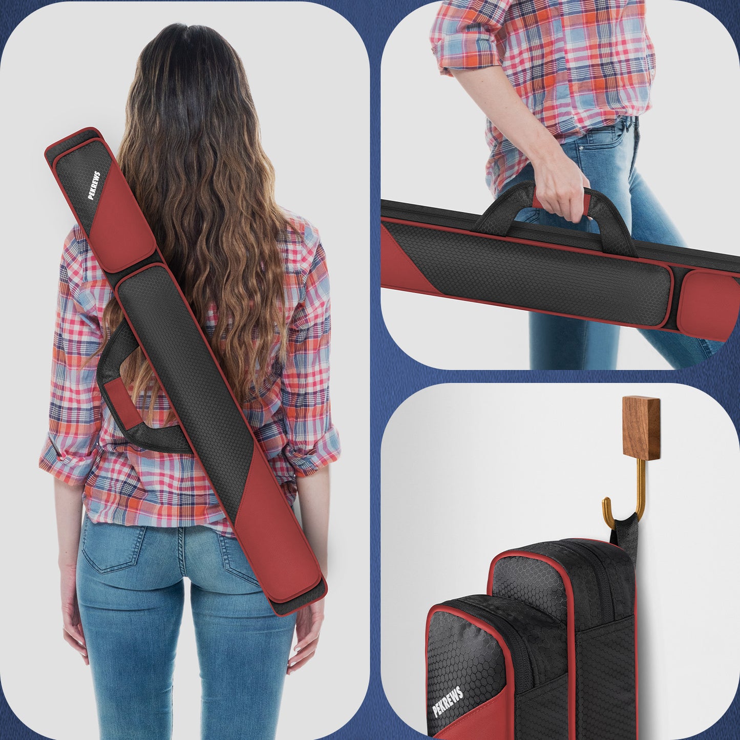 PEKREWS Pool Cue Case, Pool Stick Case 2x2 with 2 Accessories Pockets | Sturdy Pool Cue Carrying Bag, Shoulder Strap and Handle, Soft Billiard Stick Holder, Sling Bag for Men and Women