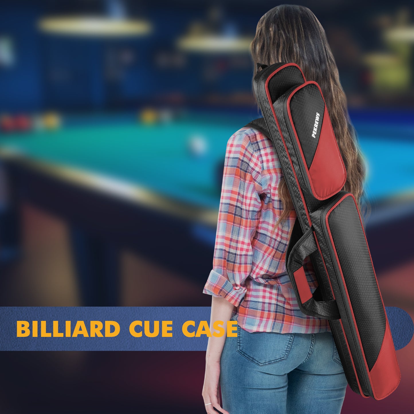 PEKREWS Pool Cue Case, Pool Stick Case 2x2 with 2 Accessories Pockets | Sturdy Pool Cue Carrying Bag, Shoulder Strap and Handle, Soft Billiard Stick Holder, Sling Bag for Men and Women