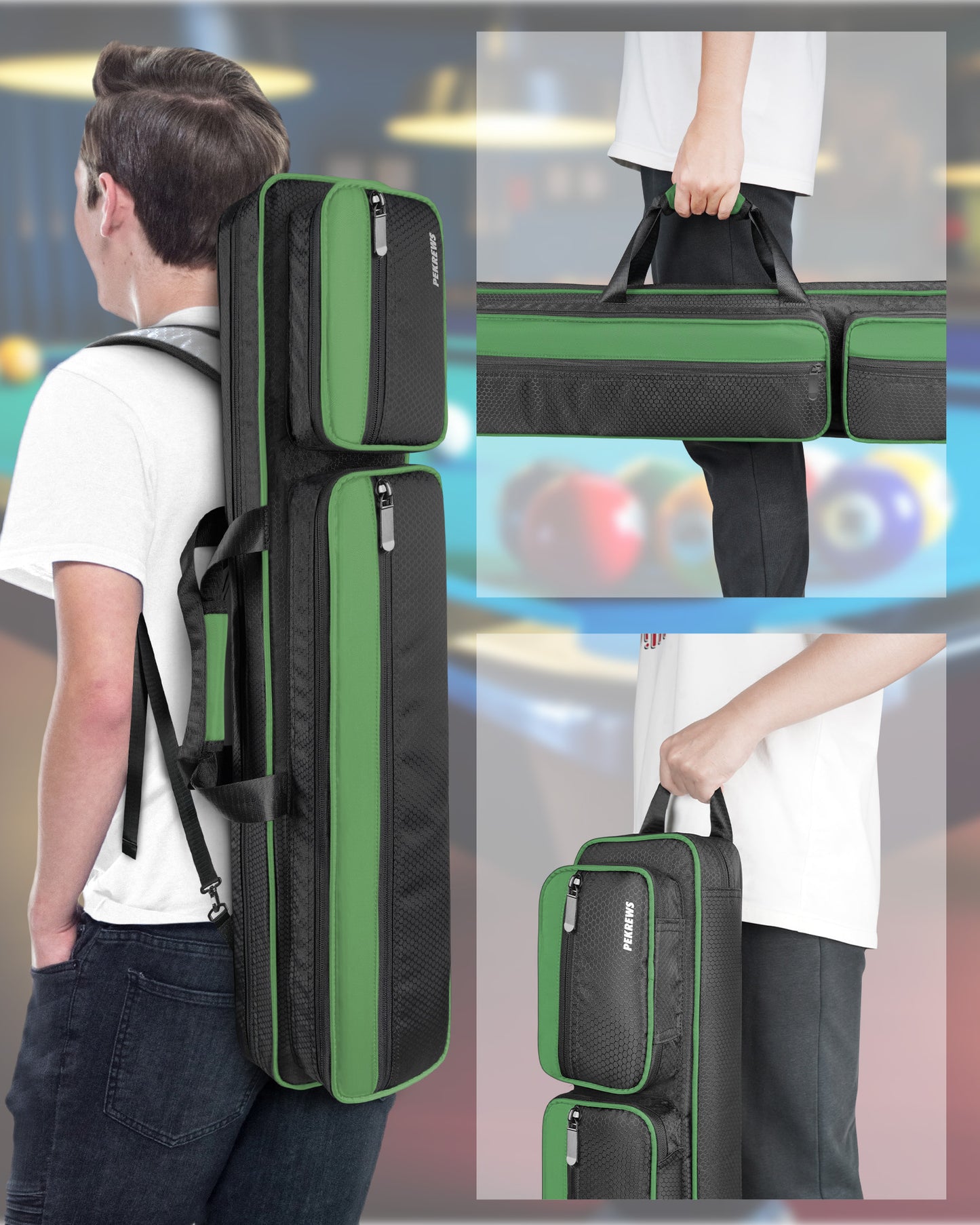 PEKREWS Pool Cue Case, 4x5 Pool Stick Bag with Multiple Accessory Pockets | Fit Multi-Sticks Soft Cue Stick Case, Hidden Shoulder Strap, 2 Handle, Travel Billiard Cue Backpack Holder, for Men and Women