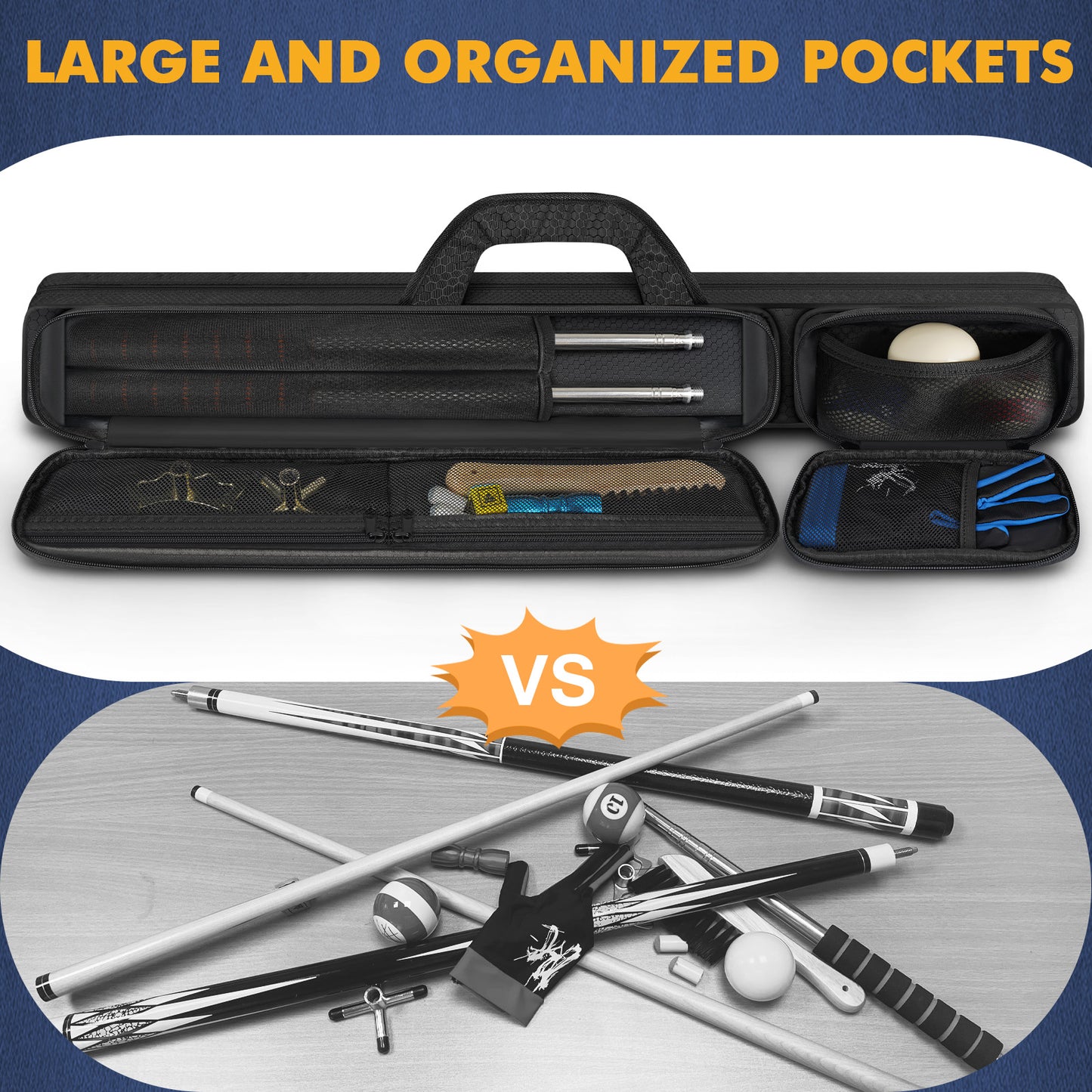 Pool Cue Case, Pool Stick Case 2x2 with 2 Accessories Pockets | Sturdy Pool Cue Carrying Bag, Shoulder Strap and Handle, Soft Billiard Stick Holder, Sling Bag for Men and Women