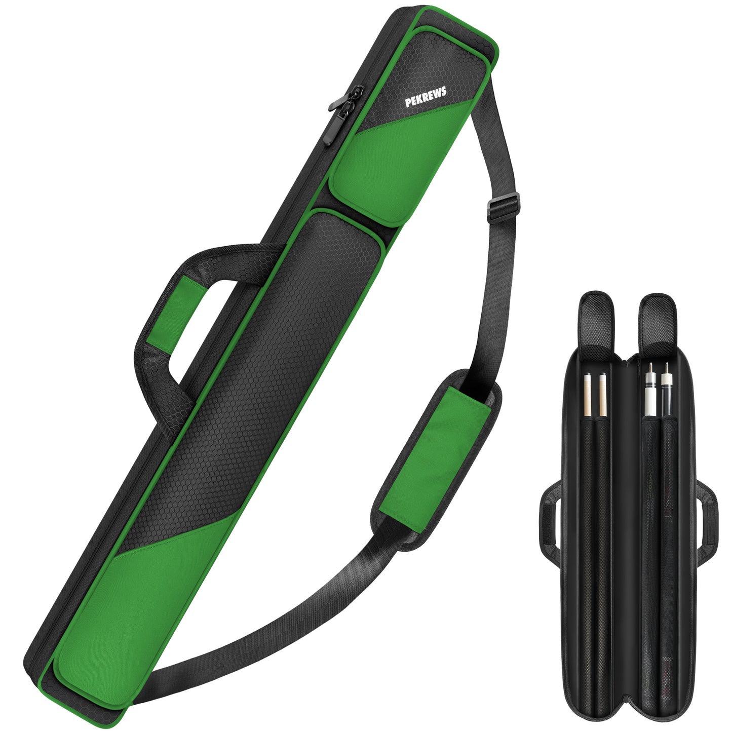 PEKREWS Pool Cue Case, Pool Stick Case 2x2 with 2 Accessories Pockets | Sturdy Pool Cue Carrying Bag, Shoulder Strap and Handle, Soft Billiard Stick Holder, Sling Bag for Men and Women