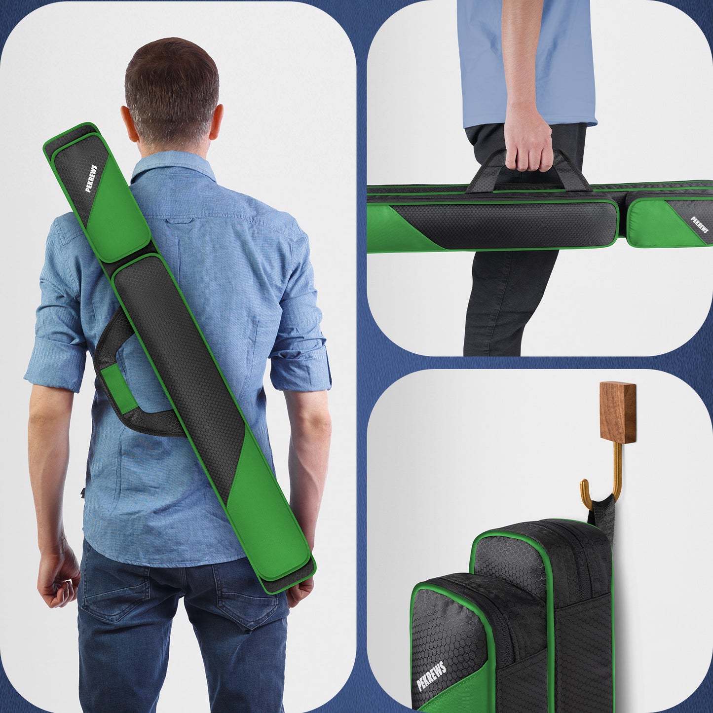 PEKREWS Pool Cue Case, Pool Stick Case 2x2 with 2 Accessories Pockets | Sturdy Pool Cue Carrying Bag, Shoulder Strap and Handle, Soft Billiard Stick Holder, Sling Bag for Men and Women