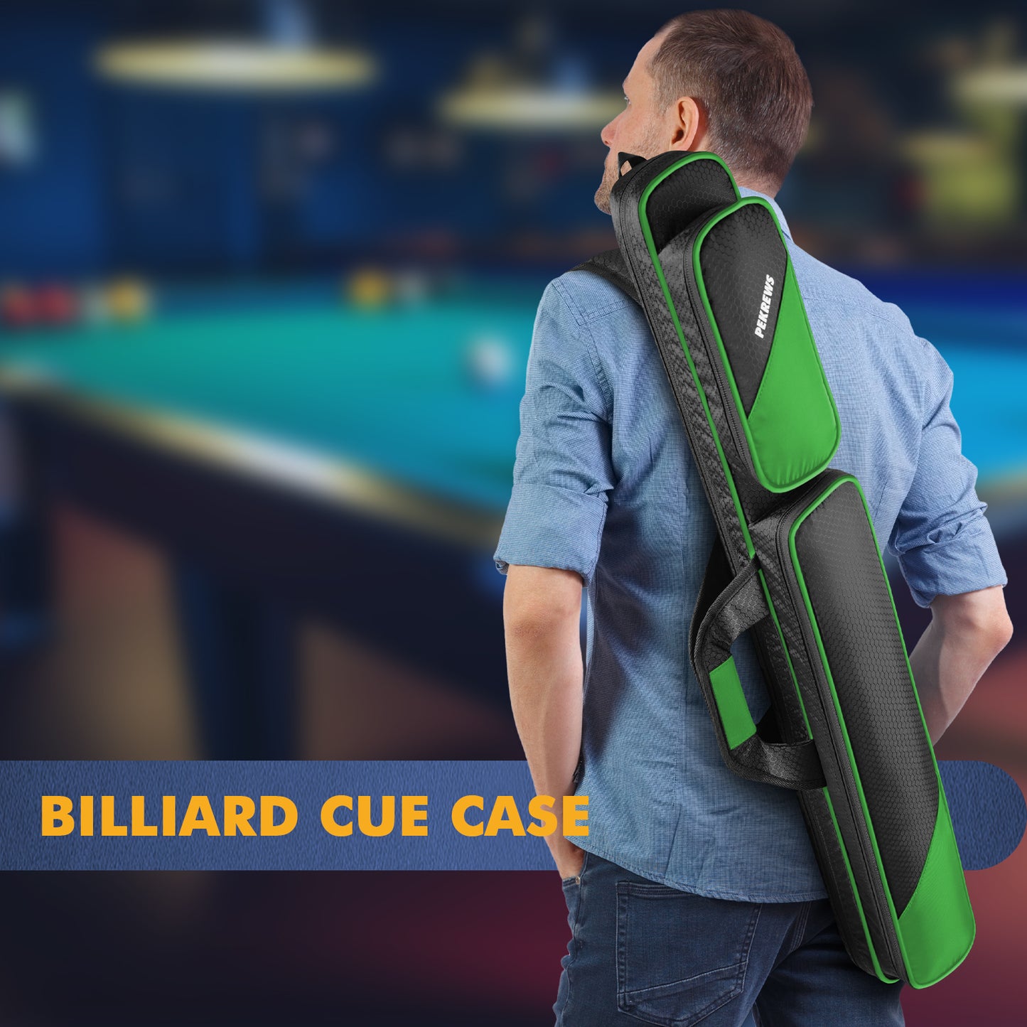 PEKREWS Pool Cue Case, Pool Stick Case 2x2 with 2 Accessories Pockets | Sturdy Pool Cue Carrying Bag, Shoulder Strap and Handle, Soft Billiard Stick Holder, Sling Bag for Men and Women