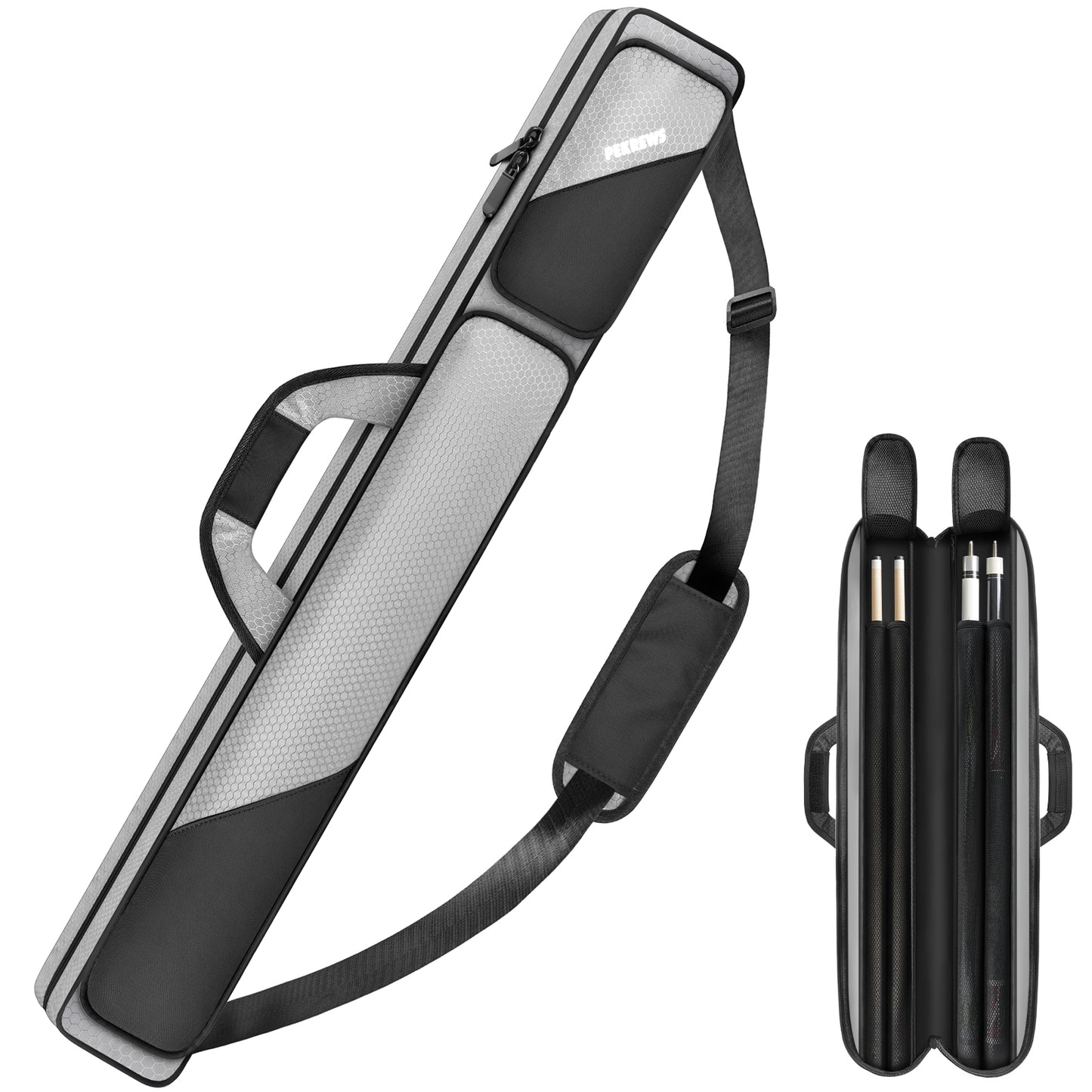 PEKREWS Pool Cue Case, Pool Stick Case 2x2 with 2 Accessories Pockets | Sturdy Pool Cue Carrying Bag, Shoulder Strap and Handle, Soft Billiard Stick Holder, Sling Bag for Men and Women