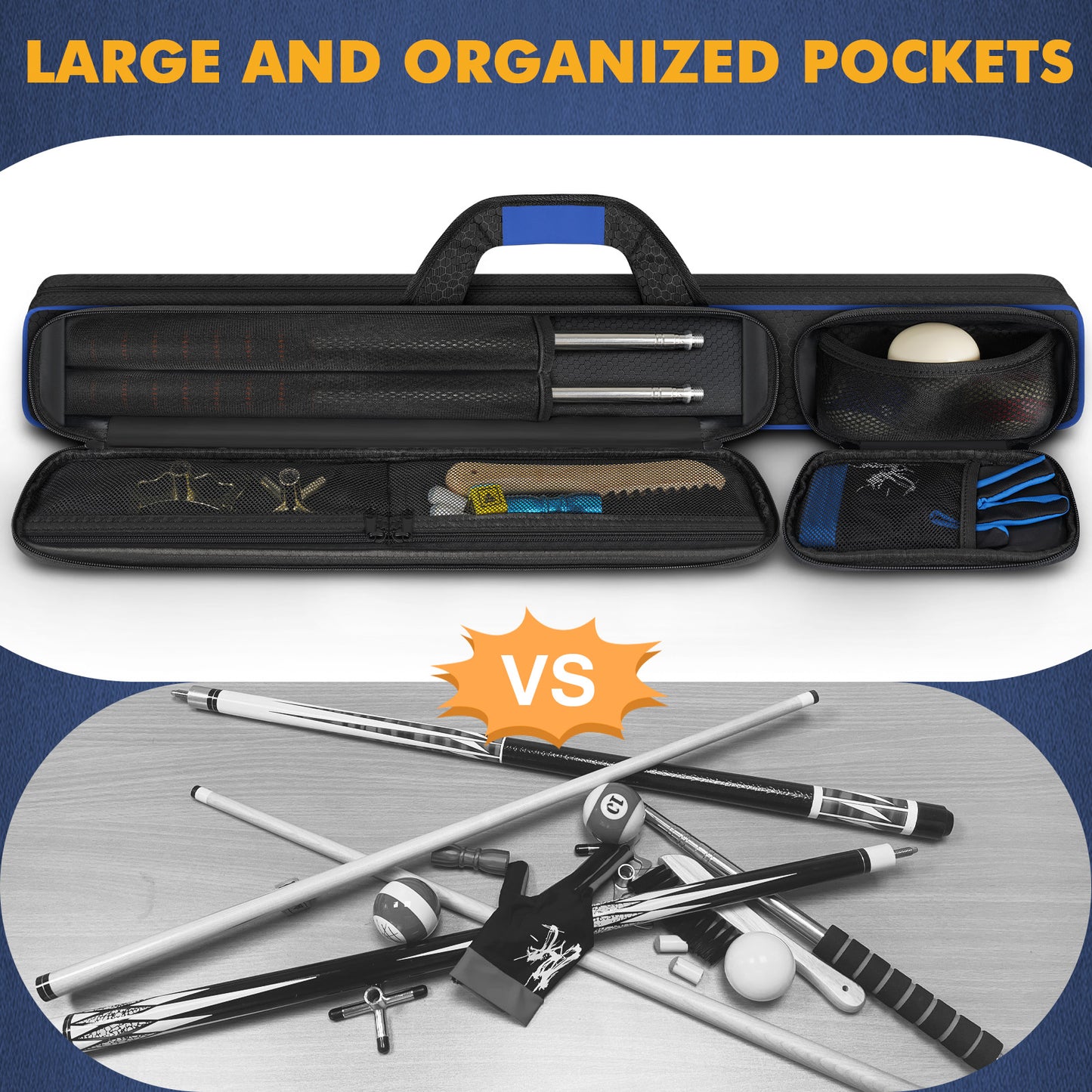 PEKREWS Pool Cue Case, Pool Stick Case 2x2 with 2 Accessories Pockets | Sturdy Pool Cue Carrying Bag, Shoulder Strap and Handle, Soft Billiard Stick Holder, Sling Bag for Men and Women
